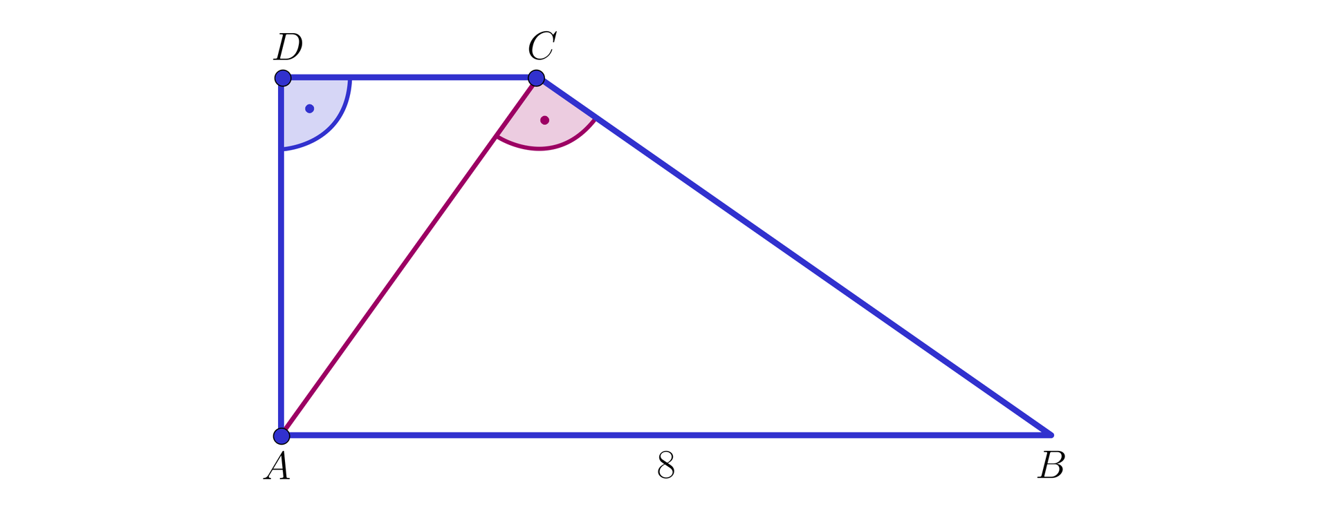 Ilustracja przedstawia trapez prostokątny ABCD o podstawie długości osiem. Przekątna tworzy z wierzchołkiem C, kąt prosty.