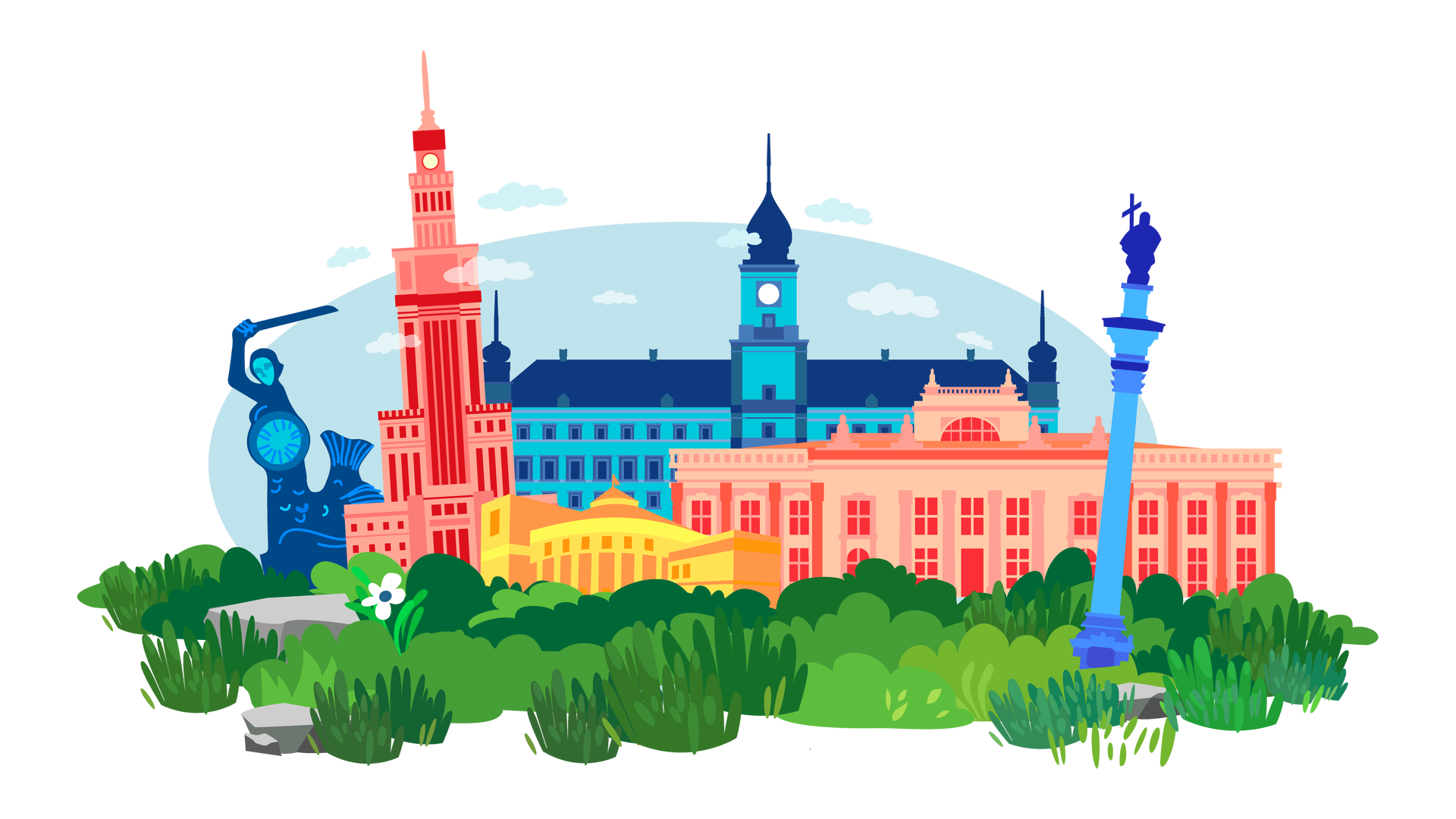 Ilustracja przedstawia miasto. W tle widać błękitne niebo. Na pierwszym planie znajduje się pas bujnej zieleni, a w centralnej części ilustracji są budowle charakterystyczne dla Warszawy. Jest tam granatowy pomnik Syrenki Warszawskiej, czerwony budynek Pałacu Kultury i Nauki, niebieski budynek ratusza, żółty budynek Sejmu Rzeczypospolitej Polskiej, czerwony budynek Pałacu Prezydenckiego oraz ciemnoniebieska Kolumna Zygmunta.