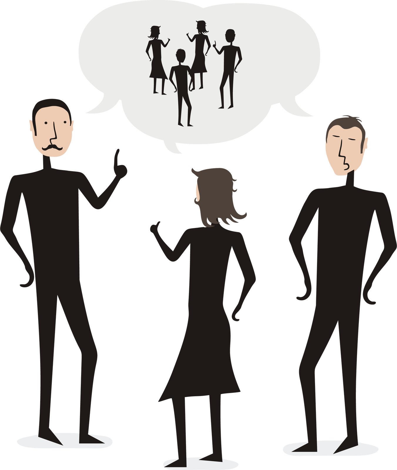 Grafika. Dwóch mężczyzn i kobieta, wszyscy w czarnych strojach, rozmawiają w kręgu. Z ust wszystkich postaci odchodzi dymek. W dymku znajdują się sylwetki czterech postaci.