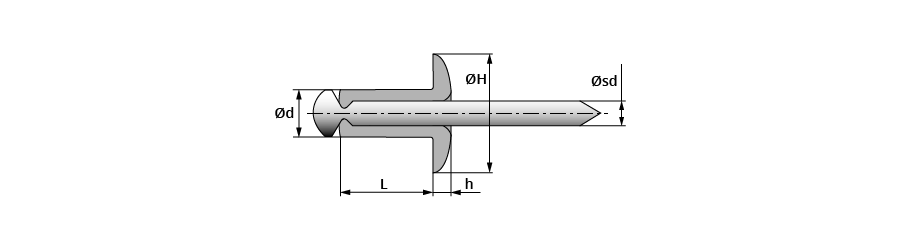 Grafika przedstawia rysunek nitu jednostronnego. Oznaczone są za pomocą strzałek i liter elementy nitu.