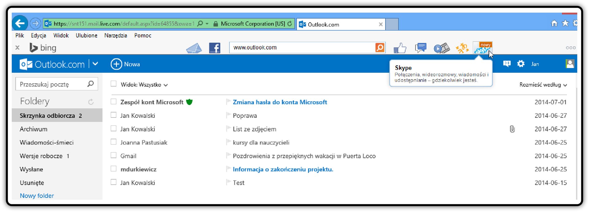 Zrzut skrzynki odbiorczej poczty Outloock.com z widocznym paskiem narzędzi Bing Bar