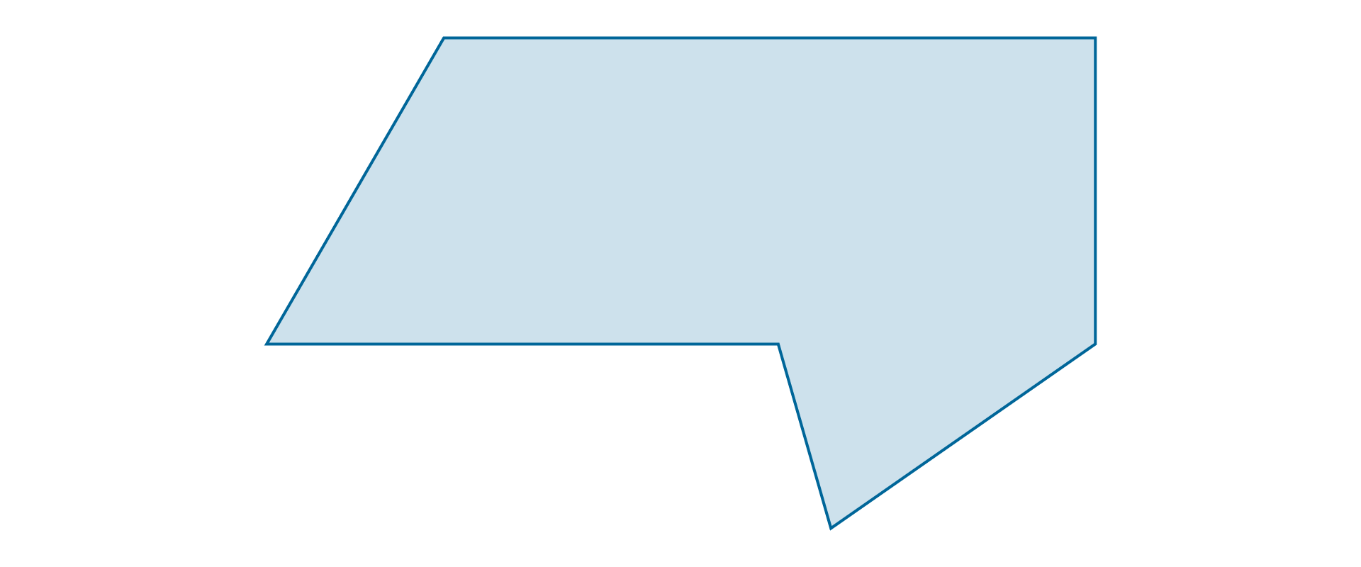 Na rysunku przedstawiono przykładowy wielokąt - nieforemny sześciokąt zbudowany z sześciu różnej długości odcinków. Pierwszy odcinek poziomo w prawo, drugi odcinek pionowo w dół, trzeci odcinek po skosie w lewo i w dół, czwarty odcinek po skosie w lewo i do góry, piąty odcinek poziomo w lewo, szósty odcinek po skosie w prawo i do góry.