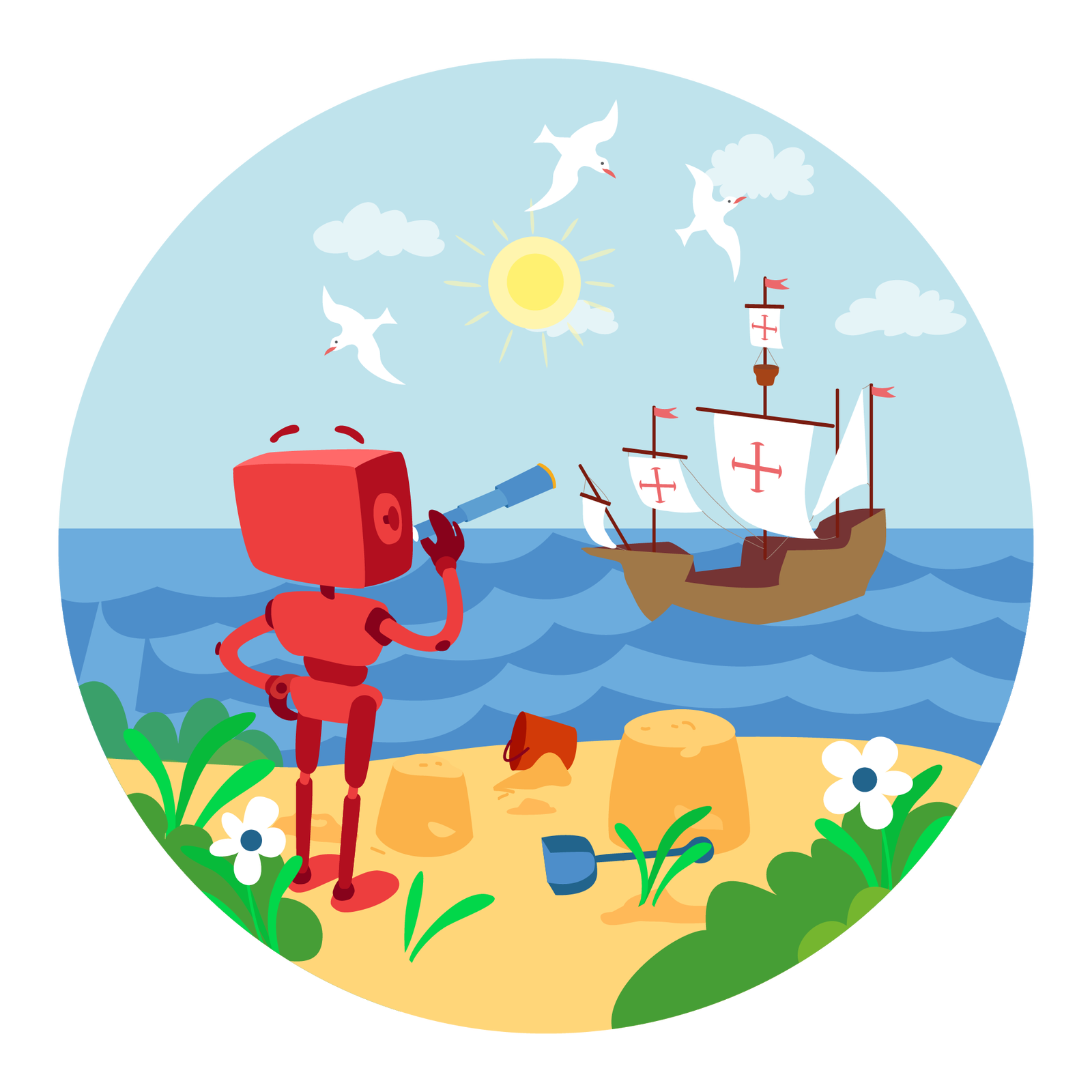 Ilustracja przedstawia morski krajobraz. W tle widać błękitne niebo ze słońcem i jasnymi chmurami oraz duży statek, z kilkoma żaglami, płynący po morzu. Na trzech żaglach widnieje znak krzyża. Nad statkiem latają dwie białe mewy. Na pierwszym planie widać fragment plaży. Na środku plaży znajdują się dwie babki z piasku, przewrócone czerwone wiaderko i niebieska łopatka. Po bokach ilustracji rosną niskie krzewy i dwa białe kwiatki. Po lewej stronie stoi tyłem Zgrzytek. Jest to czerwony robot o prostokątnej głowie z krótkimi antenkami zamiast uszu, dwiema rękami i dwiema nogami. Prawą rękę opiera na biodrze, a w lewej trzyma lornetkę, którą przykłada do oka. Robot patrzy przez lornetkę na statek płynący po morzu.