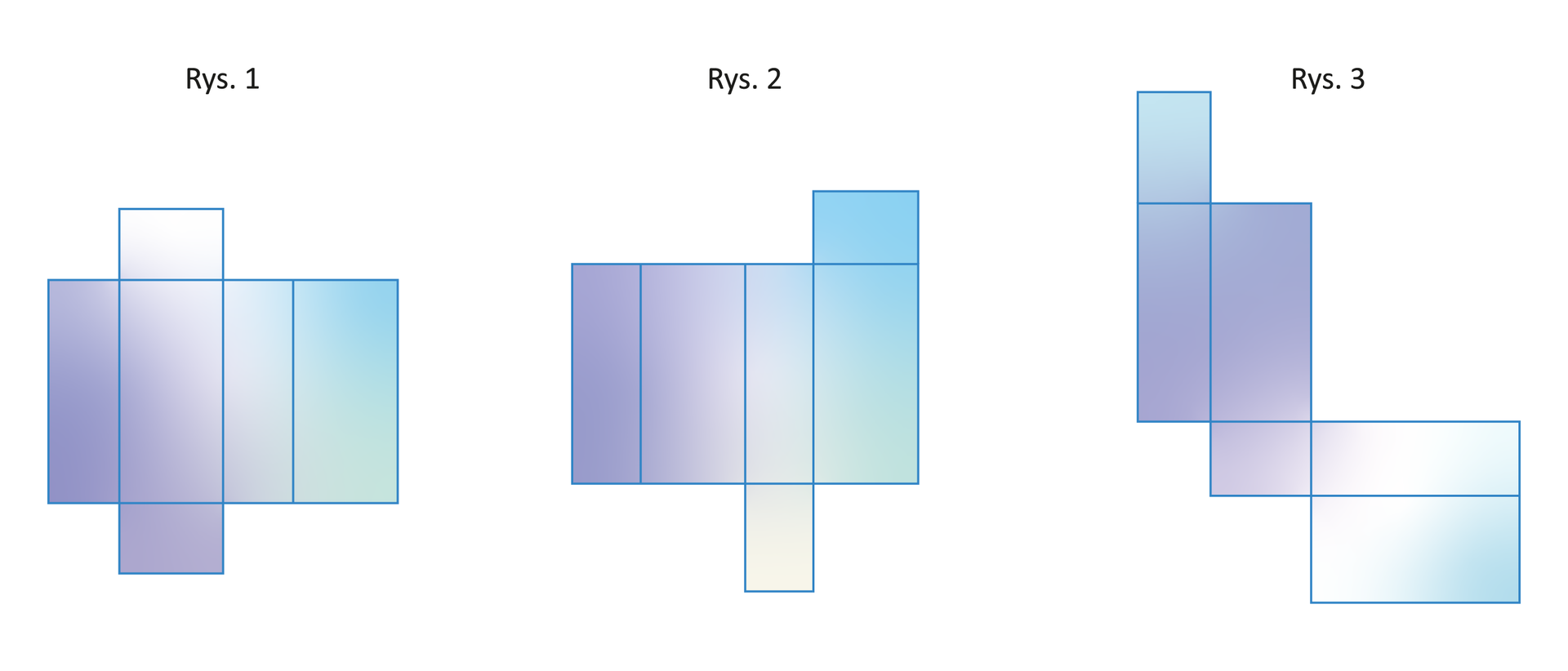 Na ilustracji przedstawiono trzy siatki. Rysunek pierwszy. Siatka składa się z trzech rodzajów prostokątów. Kolejno od lewej prostokąt a, b, a, b. Do górnej i dolnej podstawy prostokąta b przylega prostokąt c. Rysunek drugi. Przedstawiona siatka składa się z trzech rodzajów prostokątów. Kolejno od lewej prostokąt d, e, d, e. Do dolnej podstawy trzeciego z kolei prostokąta przylega prostokąt f. Do górnej podstawy czwartego z kolei prostokąta przylega prostokąt f. Rysunek trzeci. Siatka składa się z trzech rodzajów prostokątów. Prostokąty a oraz b, są do siebie przyległe. Do górnej podstawy prostokąta a, przylega prostokąt c. Do dolnej podstawy prostokąta b, przylega prostokąt c, natomiast do prawego boku prostokąta c przylega prostokąt a. Do dolnej podstawy prostokąta a, przylega prostokąt b.