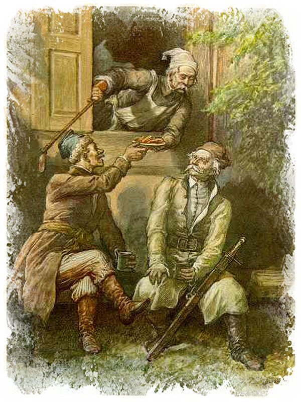 Obraz przedstawia dwóch mężczyzn — młodszego i starszego — którzy są ubrani w płaszcze i siedzą na ławce pod otwartym oknem. Trzymają kufle. Starszy mężczyzna w fartuchu wychyla się zza okna i podaje siedzącemu mężczyźnie talerz z jedzeniem. Na kolanach starszego oparta jest szabla w pokrowcu. Po prawej rośnie krzak.