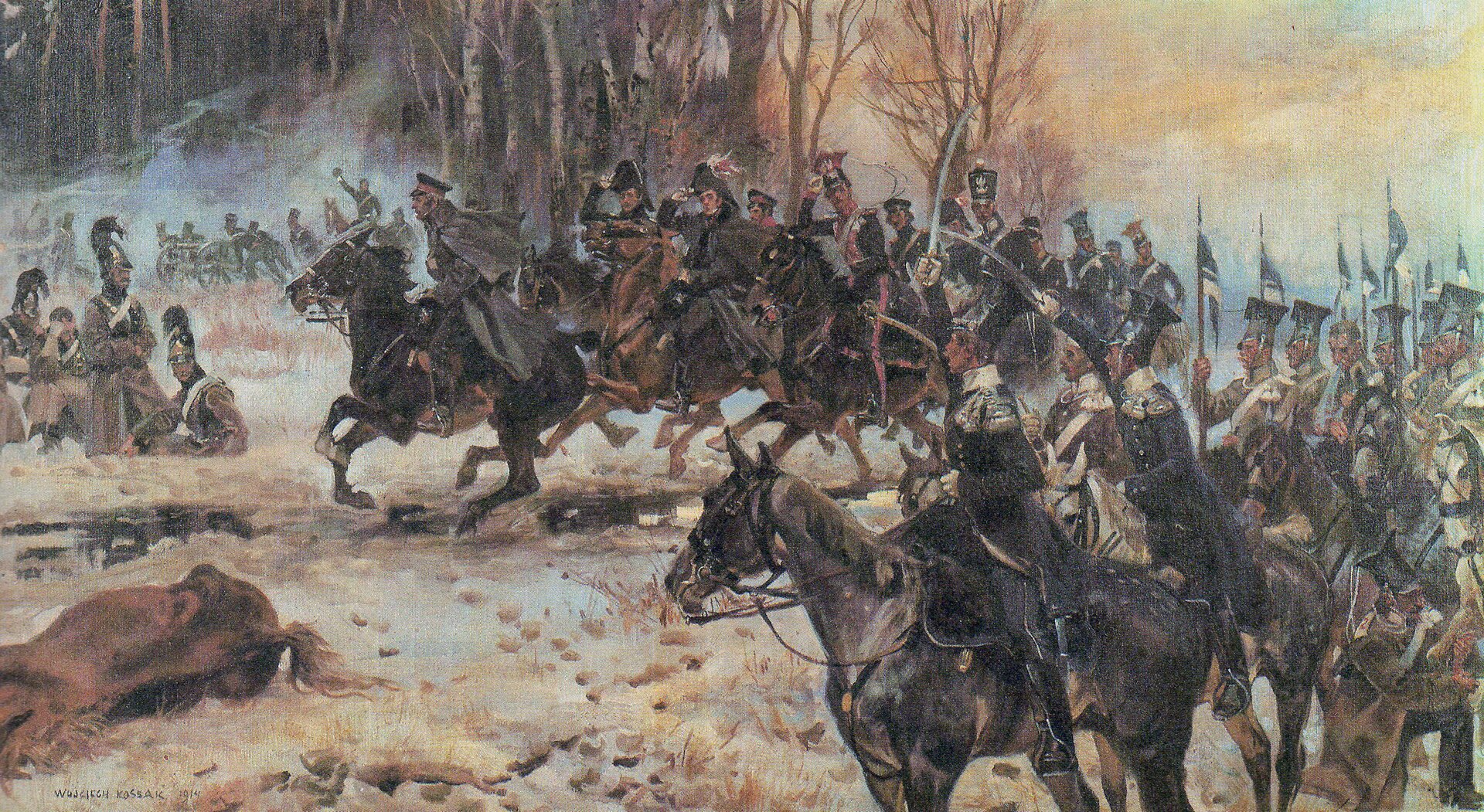 Kliknij żeby powiększyć Na obrazie polscy żołnierze na koniach nadjeżdżają od prawej strony lasu. W śniegu na przeciwko stoją rosyjscy żołnierze.