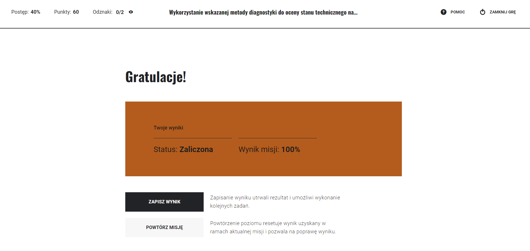 Przykładowe podsumowanie danej misji w grze