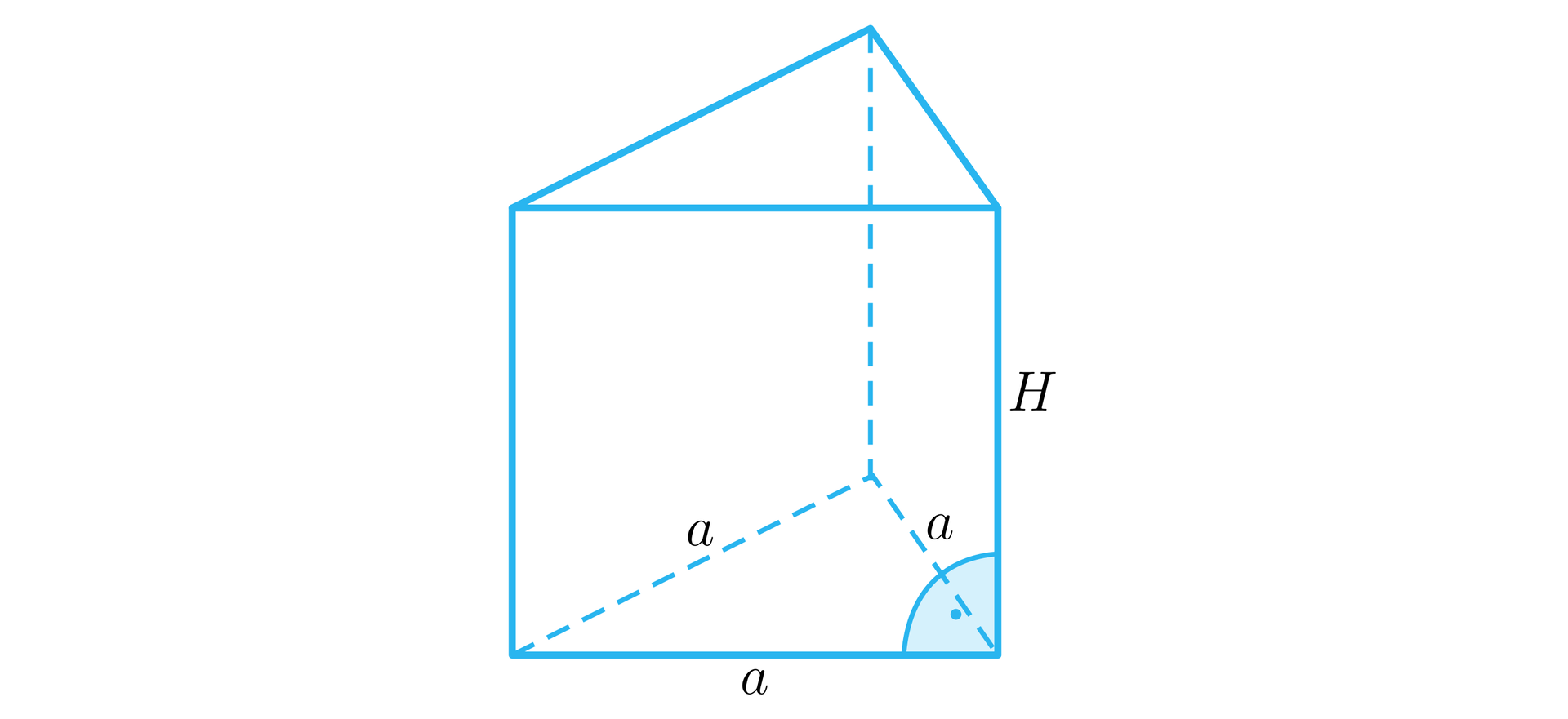 Ilustracja graniastosłup o podstawie będącej trójkątem równobocznym o boku a. Wysokość bryły wynosi H.