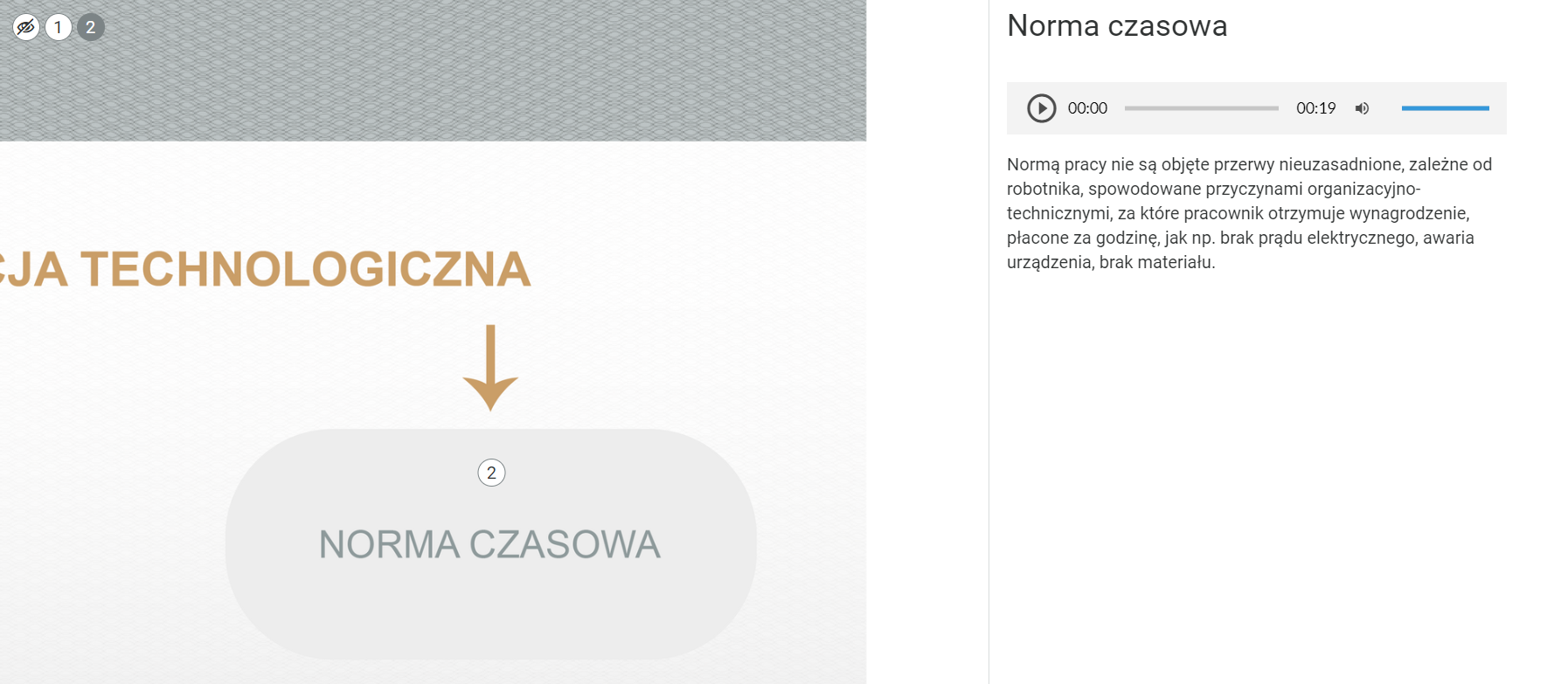 Ilustracja przedstawia planszę interaktywną z rozwiniętym opisem, który wyświetla się po kliknięciu znacznika. Okno widoczne jest po prawej stronie grafiki głównej. Znajduje się w nim tytuł, pasek odtwarzania audio oraz opis.