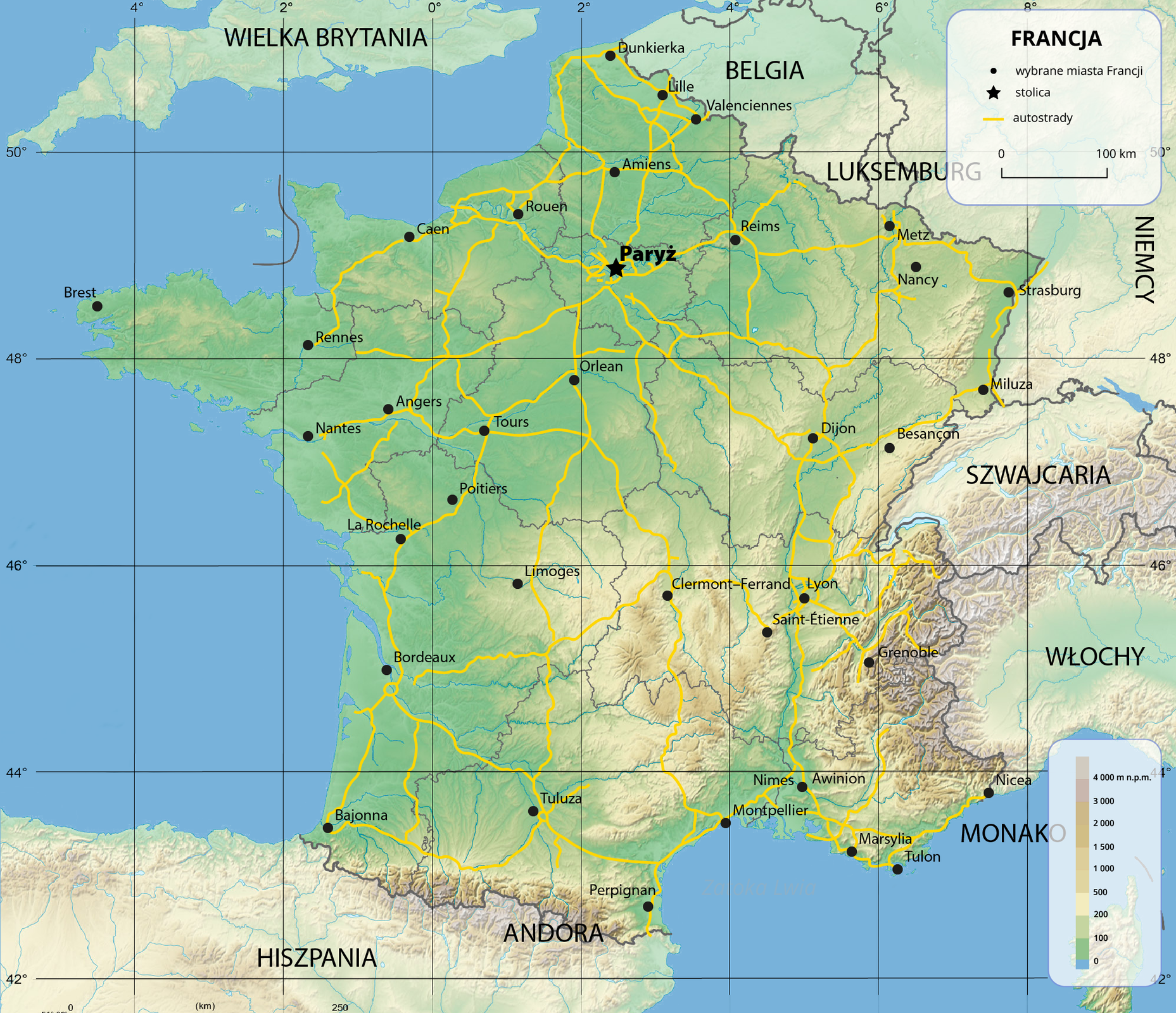Mapa hipsometryczna Francji. W prawym dolnym rogu legenda z oznaczeniami kolorów, które przyporządkowane są do określonych wysokości. W prawym górnym rogu druga część legendy. Autostrady oznaczono żółtymi liniami, linie kolejowe podwójnymi czerwono‑czarnymi liniami, miasta czarnymi kropkami, stolicę czarną gwiazdką. Poniżej pozioma podziałka z odcinkiem oznaczonym jako sto kilometrów. 