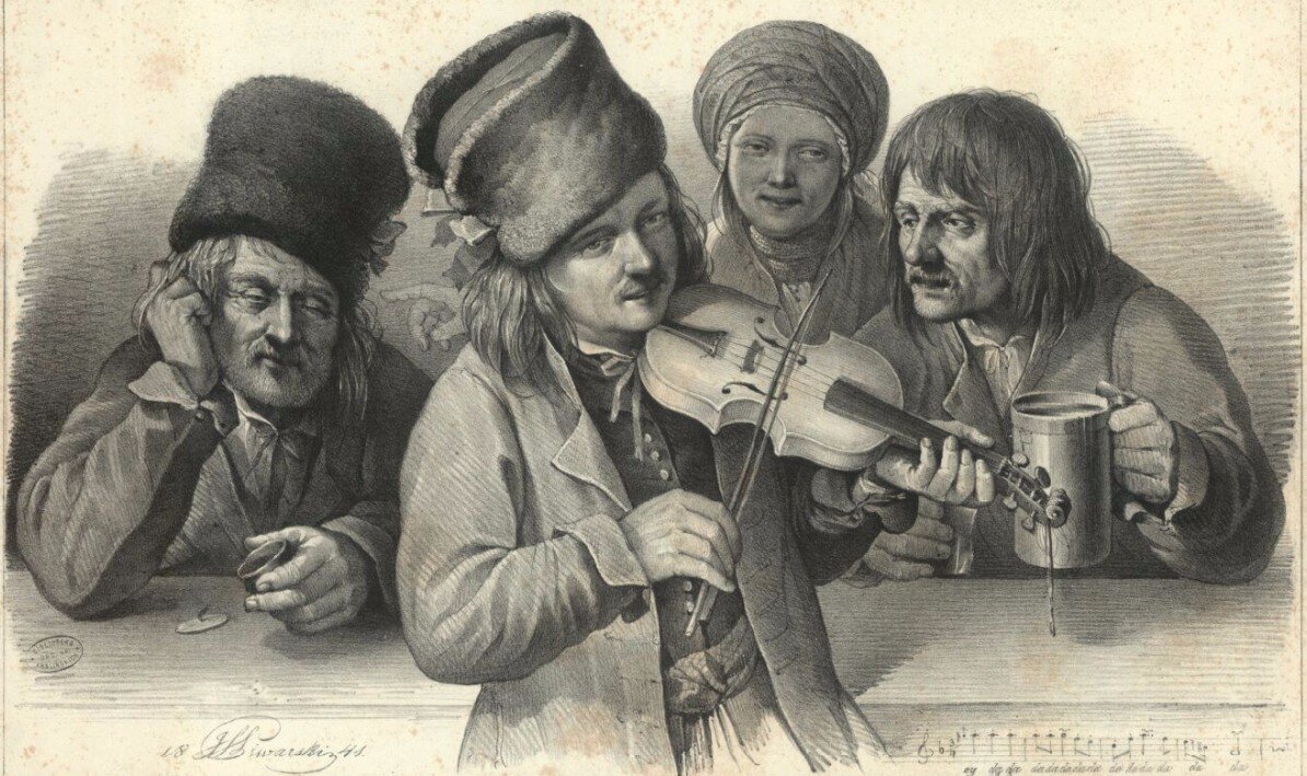 Grafika przedstawia cztery osoby: trzech chłopów i chłopkę. Jeden z chłopów, na pierwszym planie, gra na skrzypcach. Pozostałe osoby znajdują się za nim i siedzą za ławą.