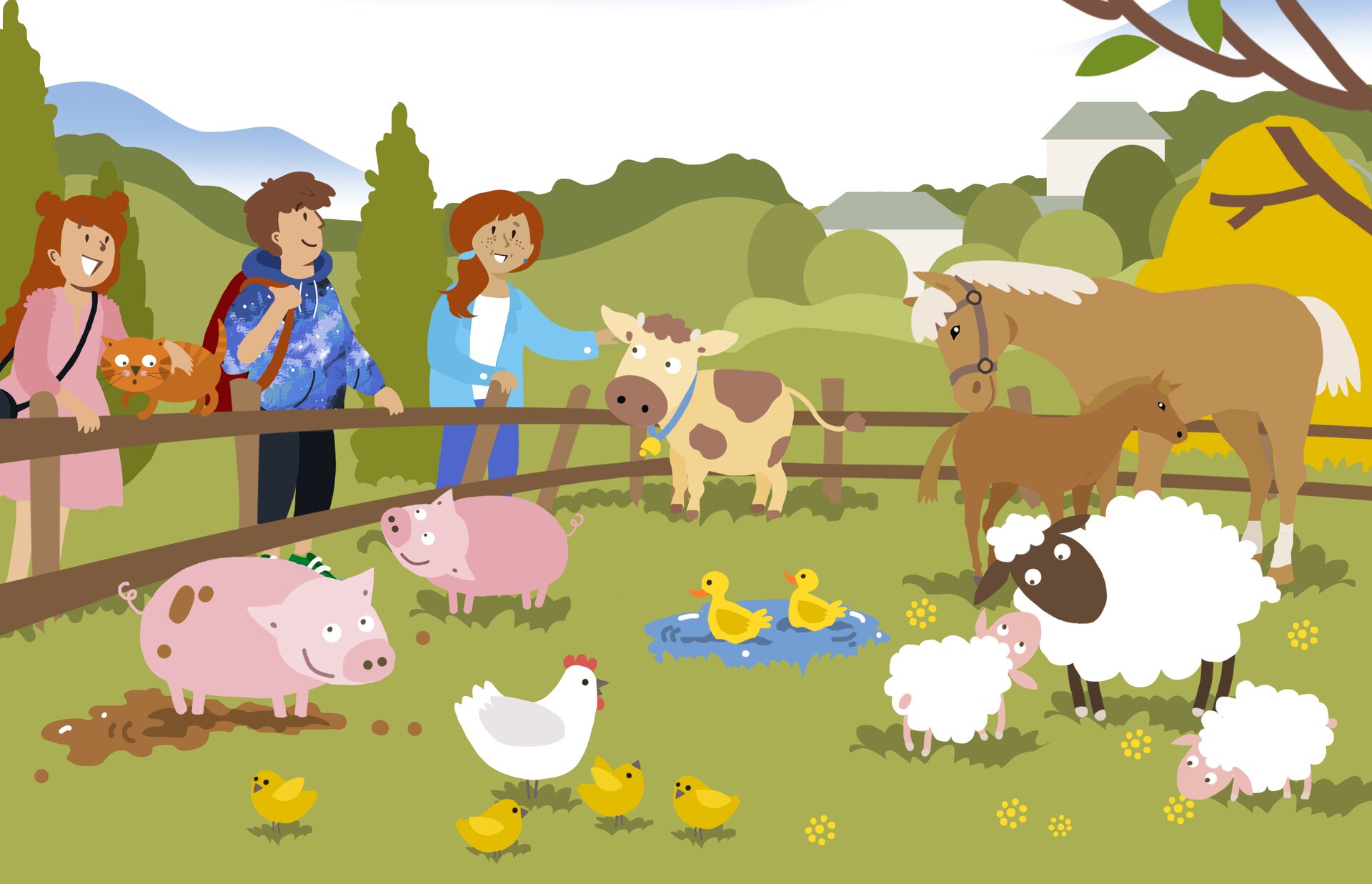 Obrazek przedstawia chłopca i dwie dziewczynki, obserwujących różne zwierzęta hodowlane. Stoją one w otwartej zagrodzie, są to: koń, owca, dwie świnie, krowa, kura z kurczętami, dwie kaczki i kot.