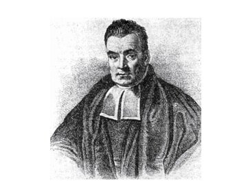 Na ilustracji przedstawiono czarno biały portret mężczyzny w krótkich włosach. Ma na sobie długą szatę.