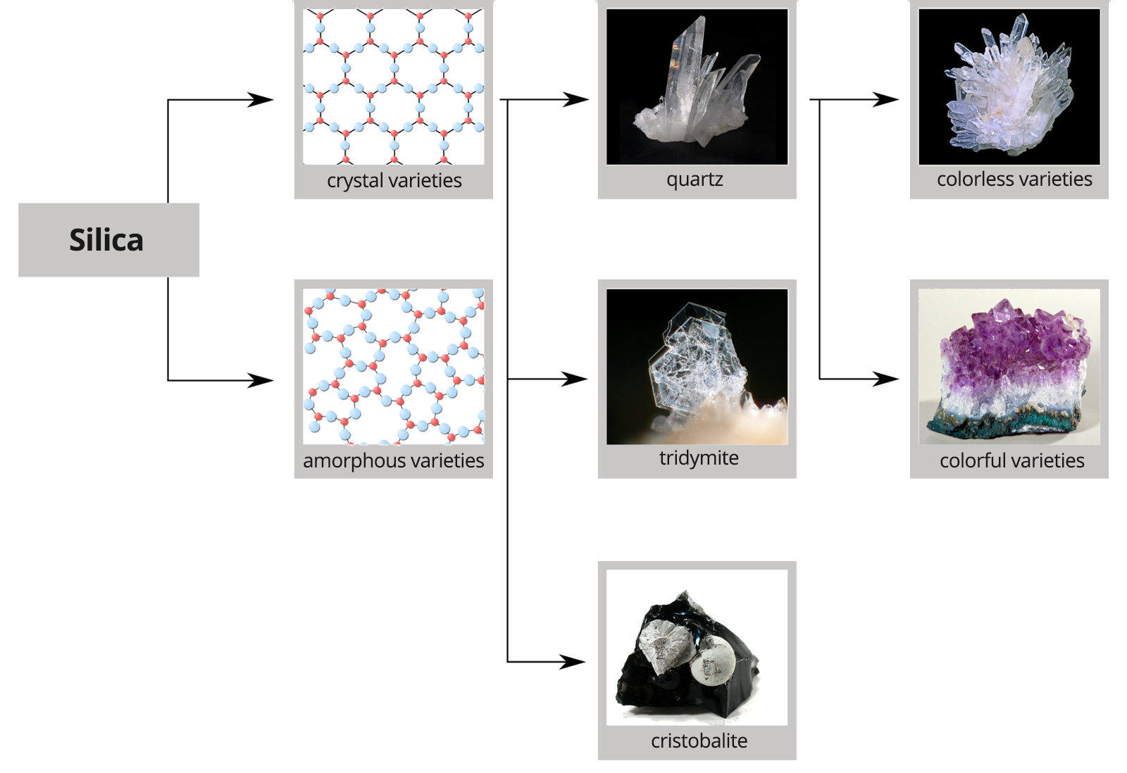Ilustracja przedstawia występowanie dwutlenku krzemu w naturze. Krzem (silica) występuje w dwóch postaciach: krystalicznej (crystal varieties) i bezpostaciowej (amorphous varieties). Przykładami postaci krystalicznej jest kwarc (quartz), który ma odmiany przezroczyste (colorless varieties) i kolorowe (colorful varieties). Przykładami bezpostaciowego występowania krzemu są: trydymit (tridymite) i krystobalit (cristobalite).