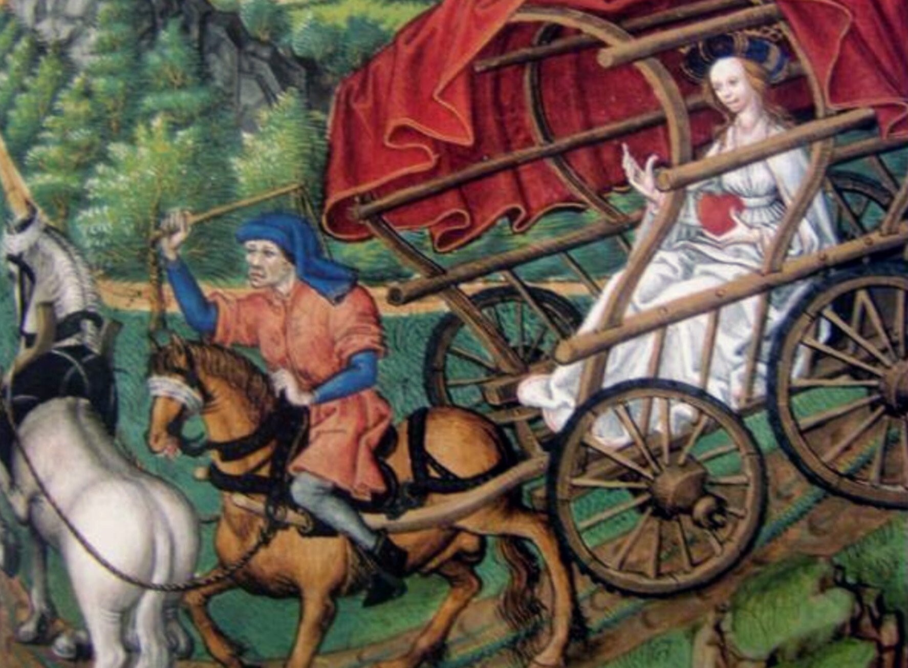 Obraz przedstawiający miniaturą zamieszczoną w dziele: Rene Andegaweński, Upokorzenia fałszywych przyjemności. Na obrazie dwa konie zaprzęgnięte do wozu. Na jednym koniu siedzi mężczyzna. W wozie kobieta w białej sukni. Wóz jest drewniany. Na górze narzucona czerwona tkanina. Wóz jest praktycznie odkryty. 