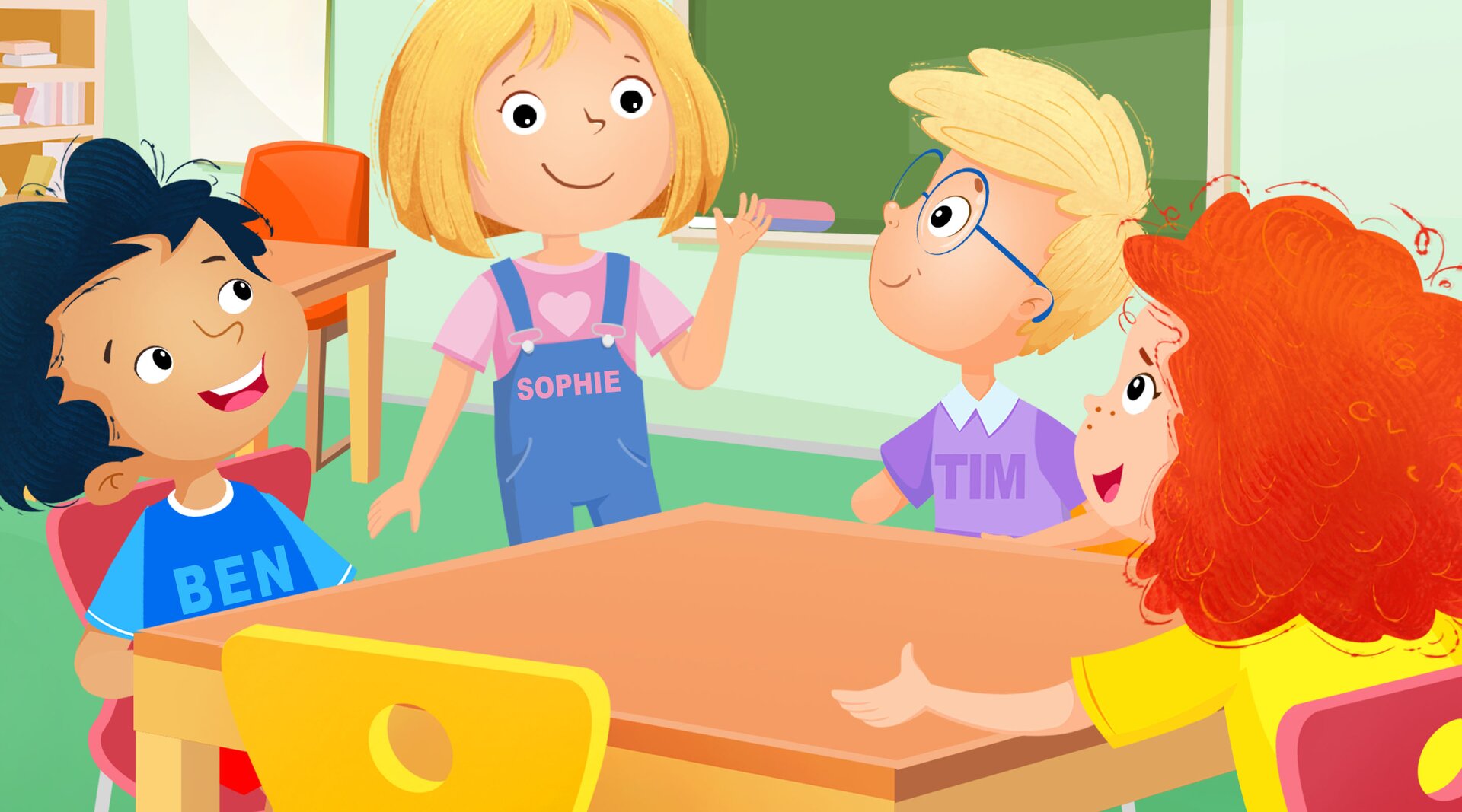 Na ilustracji znajduje się grupa dzieci przy stoliku.