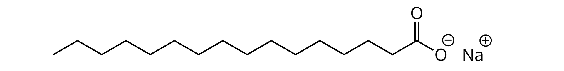 Ilustracja przedstawia długi łańcuch w kształcie zygzaka. Na prawym końcu jest grupa COO-, obok jest kation sodu. 