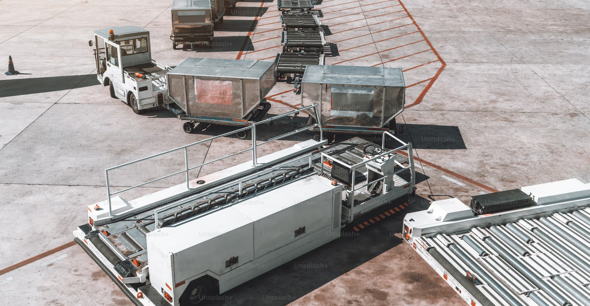 Zdjęcie przedstawia kilka pojazdów stojących na płycie lotniskowej. Niektóre z nich mają podpięte niewielkie kryte przyczepy, inne z kolei posiadają płaską tylną część, na której znajdują się poziomo ustawione metalowe rolki. Służą one do transportowania bagaży.
