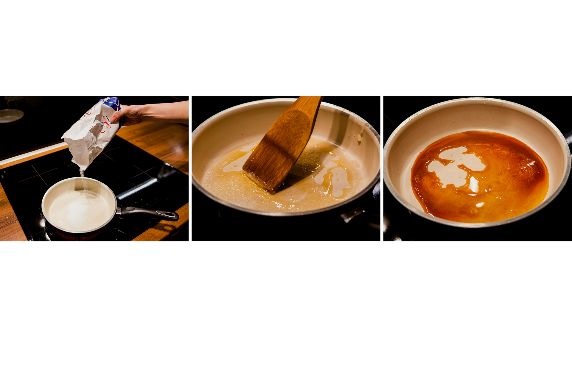 Ilustracja przedstawia trzy fotografie pokazujące kolejno: wsypywanie cukru na patelnię, zmianę postaci cukru mieszanego na paleni drewnianą łyżką oraz karmelizację cukru.