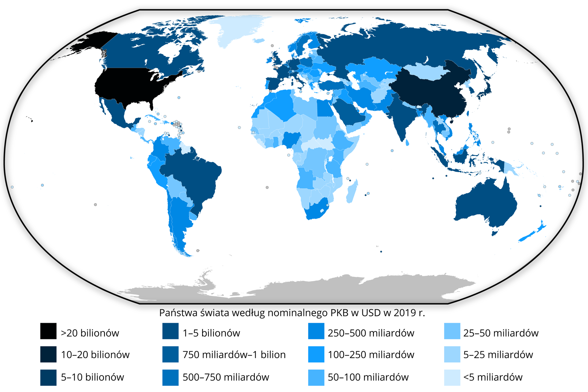 Na mapie świata kolorami zaznaczono kraje według PKB w dolarach w 2019 roku. Dominują Stany Zjednoczone - powyżej 20 bilionów dolarów, Chiny od 10 do 20 bilionów dolarów. Na trzecim miejscu z wynikiem od 5 do 10 bilionów plasują się następujące kraje: Kanada, Meksyk, Brazylia, Arabia Saudyjska, Rosja, Indie, Japonia, Indonezja, Australia, Francja, Niemcy, Wielka Brytania, Włochy, Hiszpania. Nominalne PKB jest najniższe między innymi w większości krajów Afryki. Polska z PKP mieści się w przedziale od 750 miliardów dolarów do 1 biliona (podobnie jak Szwecja czy Turcja).      