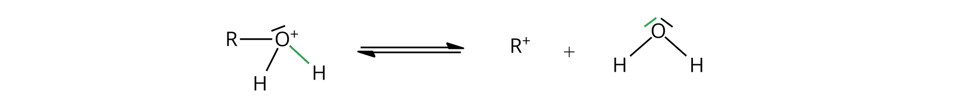 Ilustracja przedstawia następujące równanie: cząsteczka ROH2, w której atom tlenu ma jedną wolną parę elektronową i posiada ładunek dodatni po prawej stronie znajdują się dwie poziome strzałki, górna skierowana w prawo, dolna w lewo. Za strzałką R+ oraz cząsteczka wody HOH, w której atom tlenu posiada dwie wolne pary elektronowe.