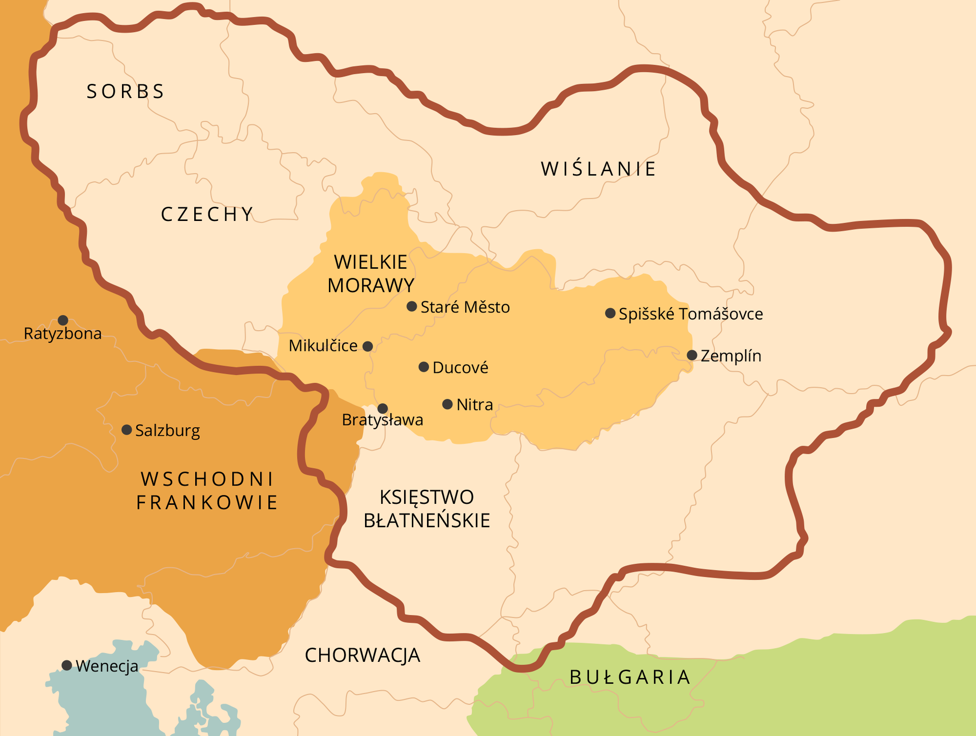 Ilustracja przedstawia mapę Europy Środkowo‑Wschodniej. Na środku znajduje się obszar wydzielony czerwoną linią. Objęte nią obszary są podpisane następująco: Sorbs; Wiślanie; Czechy; Księstwo Błatneńskie oraz oznaczone kolorem żółtym Wielkie Morawy z miastami Mikulčice, Staré Město, Spišské Tomášovce, Ducové, Zemplín, Bratysława. Wyróżniony obszar od zachodu graniczy ze Wschodnimi Frankami. Obszar ten oznaczony jest kolorem pomarańczowym i są tam miasta Ratyzbona i Salzburg. Od południa graniczy z Chorwacją oraz Bułgarią, która oznaczona jest kolorem zielonym.