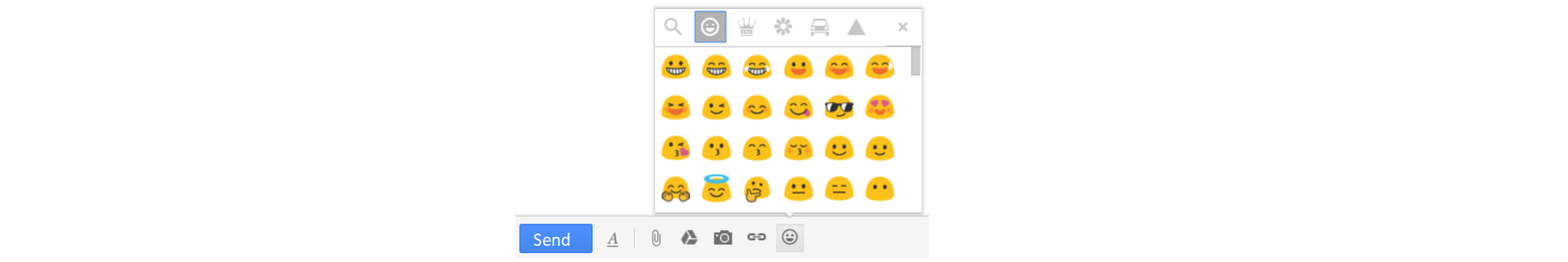 Ilustracja przedstawia przykłady emotikon obrazkowych służących do wyrażania nastroju w internecie. Emotikona zwykle przedstawia okrągłą buzię, która najczęściej za pomocą grymasu ust przedstawia emocje, np. radość, zdziwienie, znudzenie, zaskoczenia, smutek. Emocje mogą być również pokazane przy pomocy oczu, np. płacz. Emotikony mogą posiadać dodatkowe atrybuty, np. okulary, aureola.