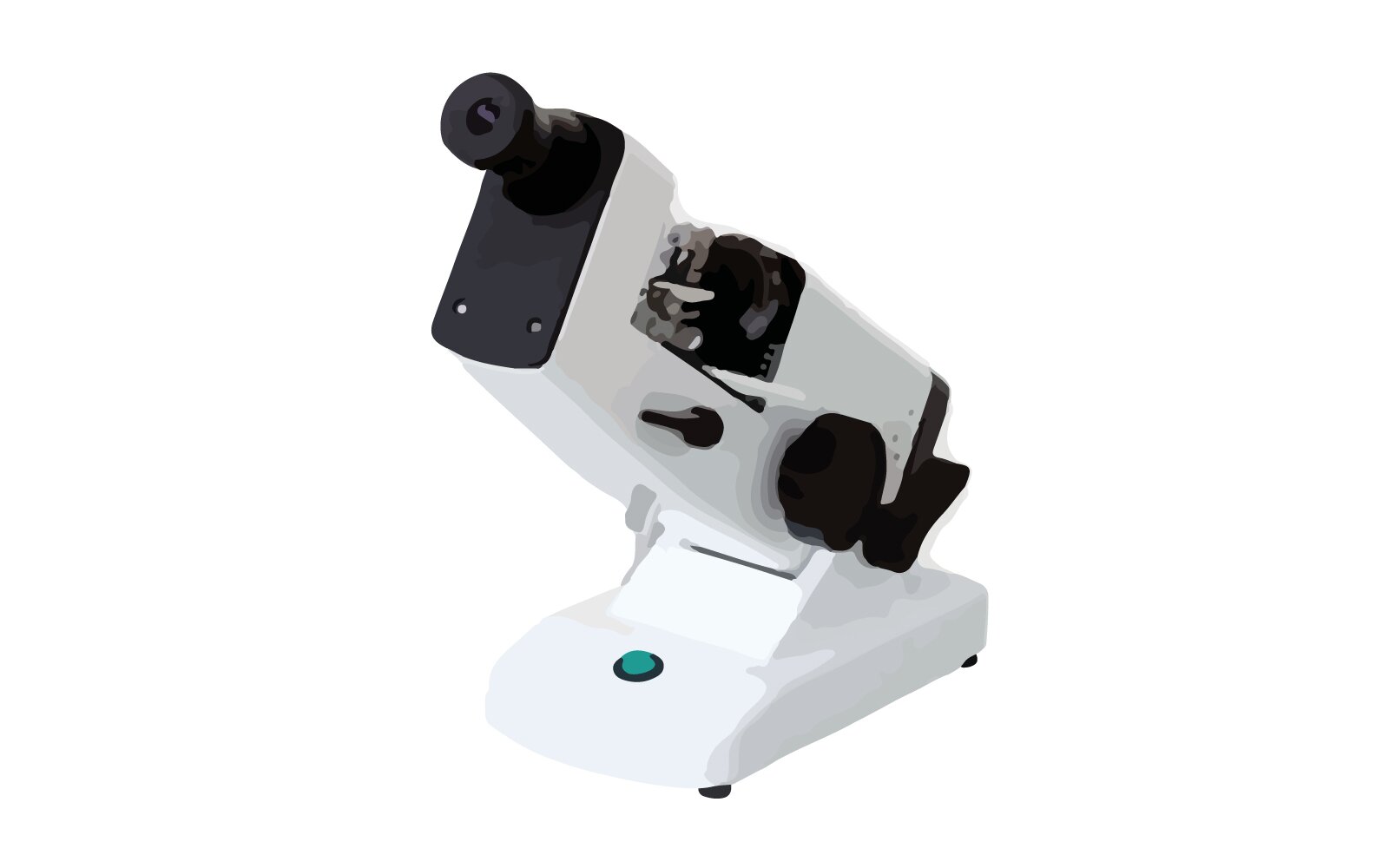 Ilustracja przedstawia dwa widoki boczne Dioptriomierz lunetowy (frontofokometr) składa się z podstawy prostokątem. Na podstawie znajduje się ramię na której jest oparty mikroskop. Na mikroskopie znajdują się dwa pokrętła. Można zauważyć czarny kabel wychodzący od całego urządzenia.