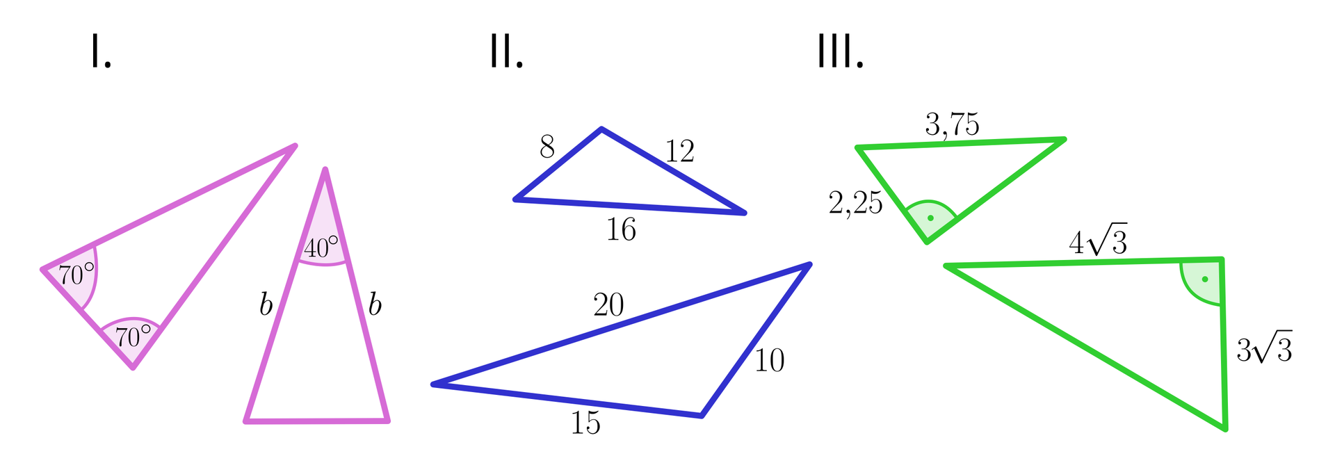 Ilustracja składa się z trzech części. Część pierwsza przedstawia trójkąt, którym zaznaczono dwa kąty przy podstawie. Oba o mierze 70 stopni.  Drugi trójkąt jest równoramienny, a równe boki rozpinają kąt o mierze 40 stopni. Część druga przedstawia dwa trójkąty. Boki pierwszego mają długości 8, 12 oraz 16, a boki drugiego trójkąta mają długości 10, 15 oraz 20; część trzecia przedstawia dwa trójkąty prostokątne: pierwszy ma przeciwprostokątną o długości 3,75,  a jedna z przyprostokątnych ma długość 2,25. W drugim trójkącie jedna z przyprostokątnych ma długość 43, a druga 33.