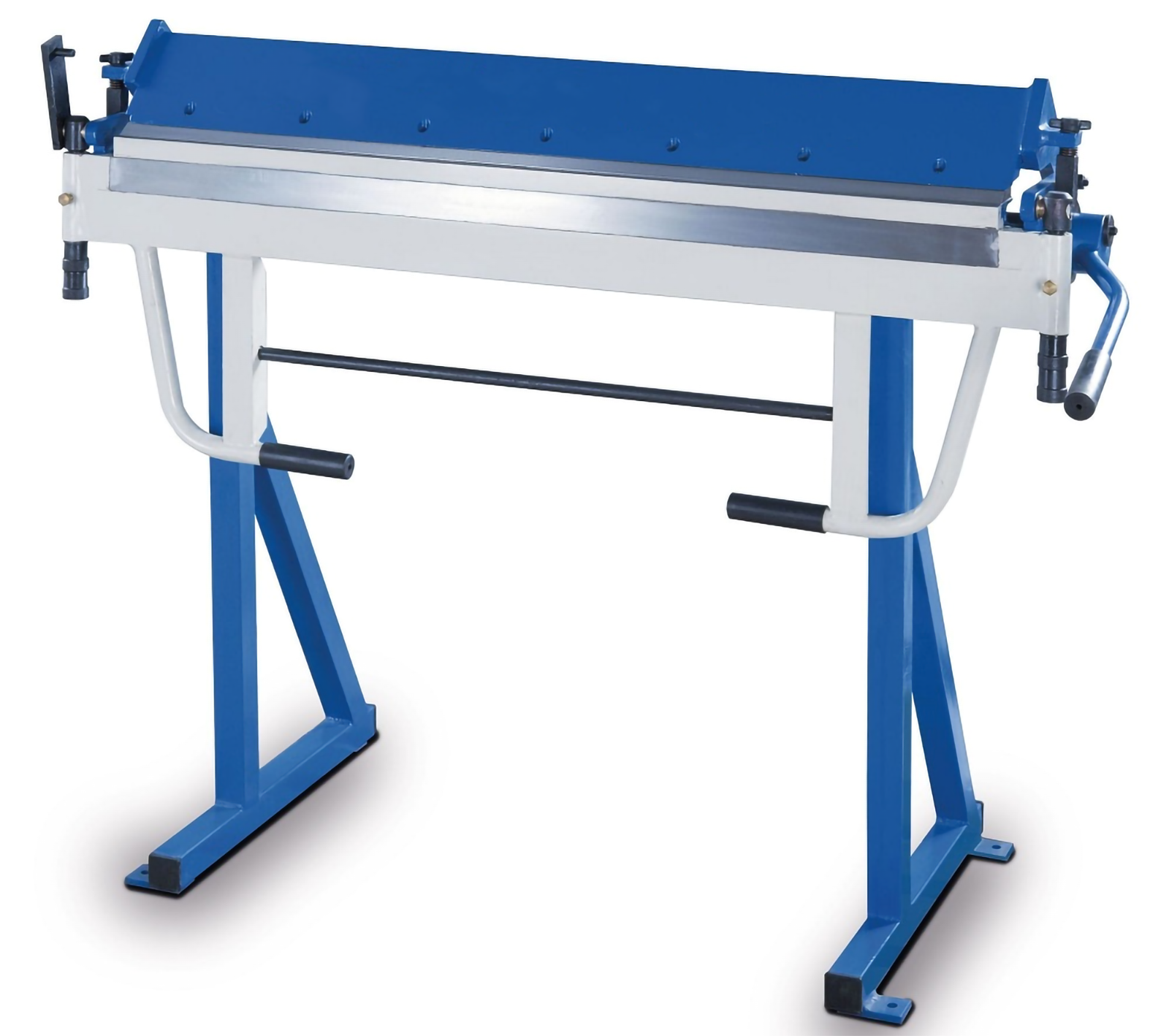 Zdjęcie przedstawia giętarkę, składającą się z dwóch belek, dolnej i górnej, między którymi umieszcza się blachę do wygięcia oraz uchwyty, dzięki którym możemy operować belkami, w celu uzyskania odpowiedniego wygięcia. Całość umieszczona jest na nóżkach.