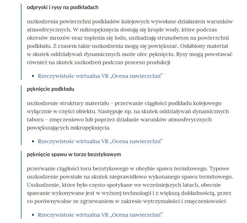 Zrzut ekranu przedstawia kilka pojęć ze Słownika. Konstrukcja jest następująca: pojęcie, poniżej jego wyjaśnienie, a pod nim znajduje się link, po którego kliknięciu użytkownik przenosi się do rozdziału w tym materiale, w którym dane pojęcie jest wykorzystywane. Linków może być jeden lub kilka, w zależności od tego, w ilu rozdziałach użyto pojęcia.