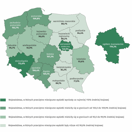 Mapa Wskaźnik przeciętnych miesięcznych wydatków na 1 osobę w gospodarstwach domowych w stosunku do średniej krajowej (Polska = 100) w 2020 r.  Zawiera informacje ile wynosiły przeciętne wydatki w poszczególnych województwach.