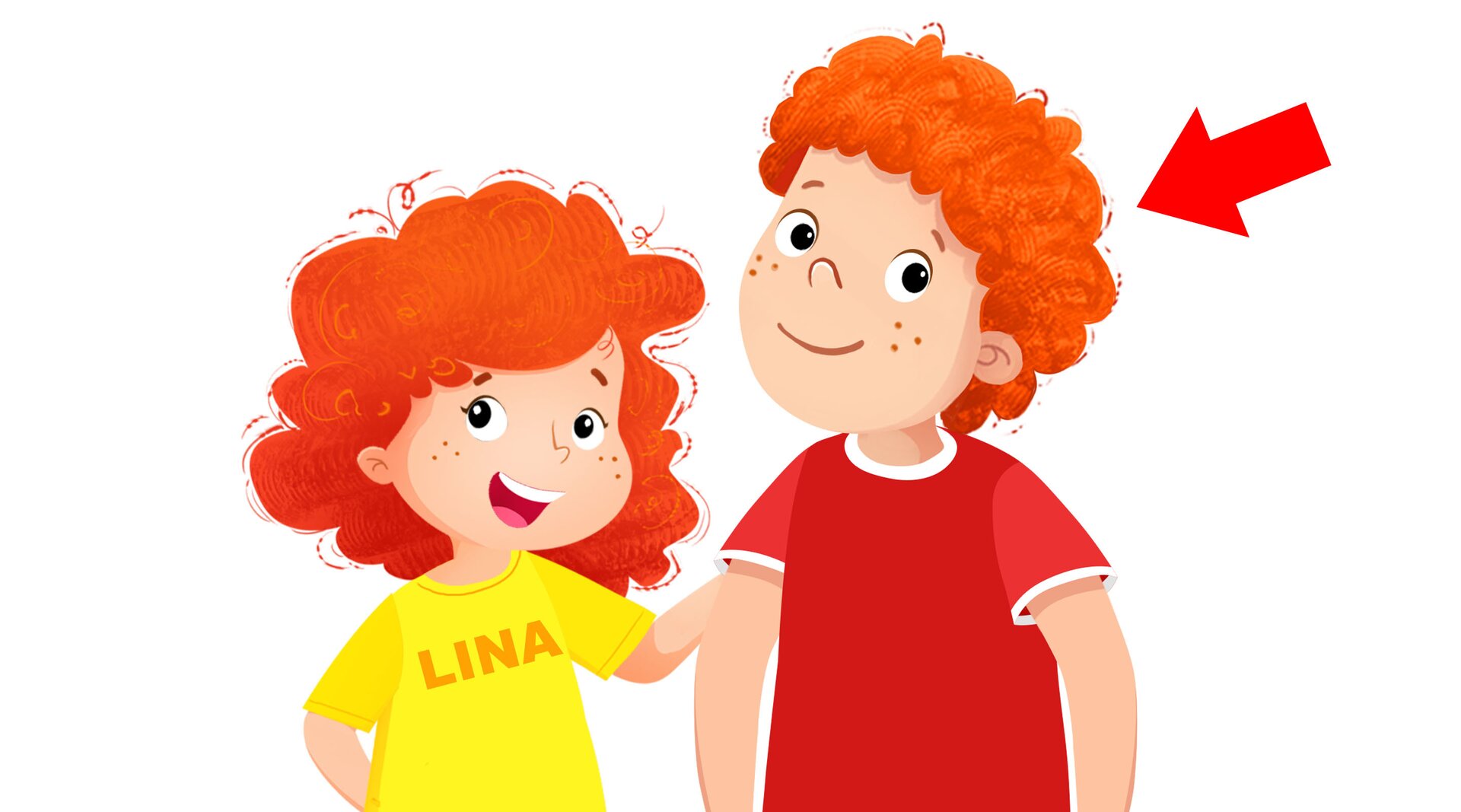 Na ilustracji znajdują się chłopiec i dziewczynka. Strzałka wskazuje na brata.