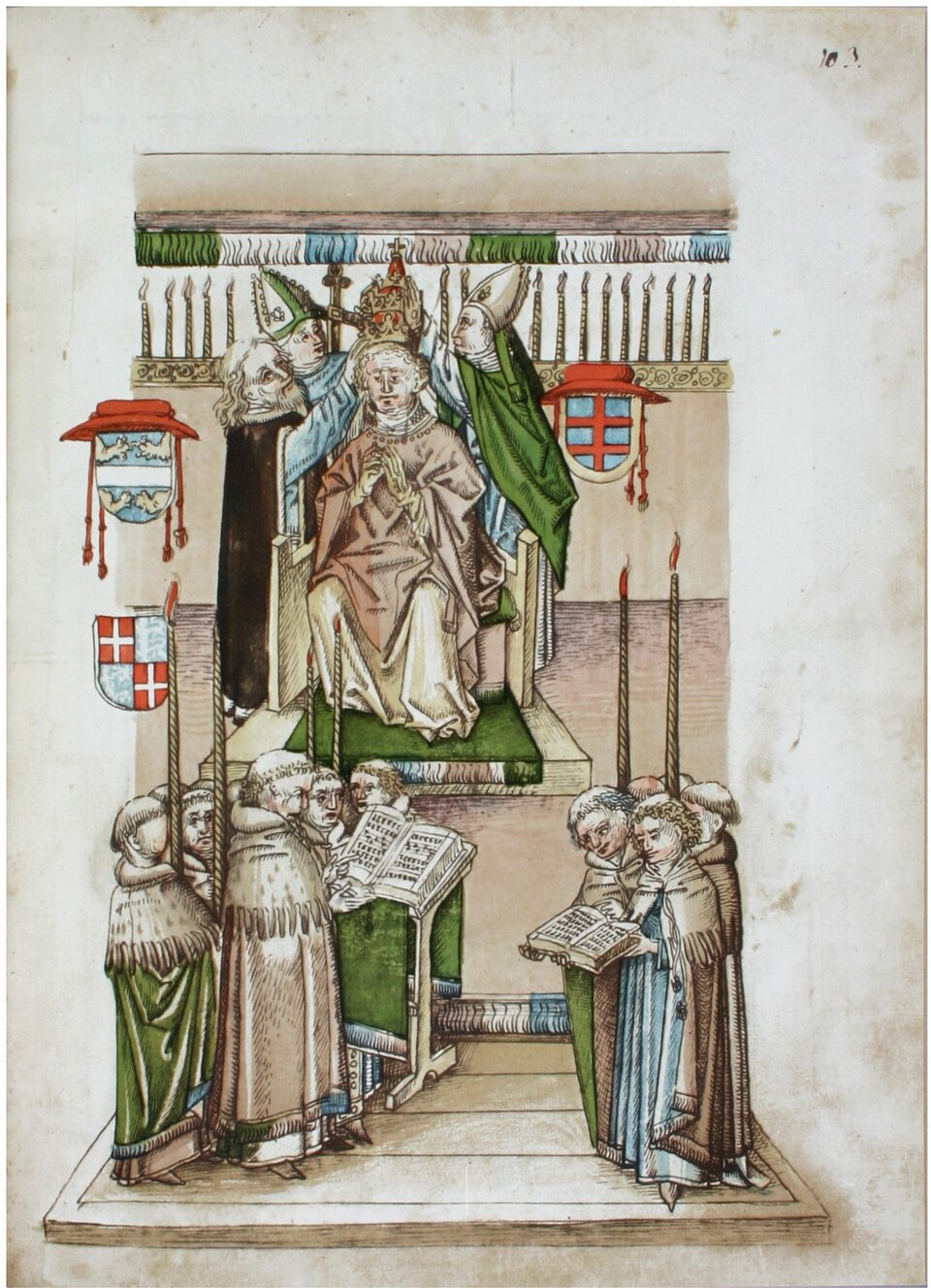 Ilustracja przedstawia Marcina Piątego koronowanego na papieża podczas soboru w Konstancji, ilustracja z „Kroniki soboru w Konstancji” Ulricha von Richenthala z XV w. Mężczyzna siedzi na tronie podczas gdy biskup wkłada koronę na jego głowę. Przed nim znajdują się duchowni trzymający księgi.