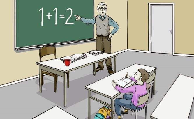 Na ilustracji widać pomieszczenie, w którym ustawione są ławki szkolne, po prawej stronie są zamknięte drzwi. W pierwszej ławce siedzi chłopiec, przed nim leży otwarty zeszyt. Chłopiec patrzy na wiszącą na ścianie tablicę, na której znajduje się zapis działania jeden plus jeden równa się dwa. Obok tablicy stoi starszy mężczyzna i wskazuje ręką na napis. Twarz  mężczyzny skierowana jest w stronę chłopca. Po lewej stronie mężczyzny   stoi stolik, na którym leżą książki.  