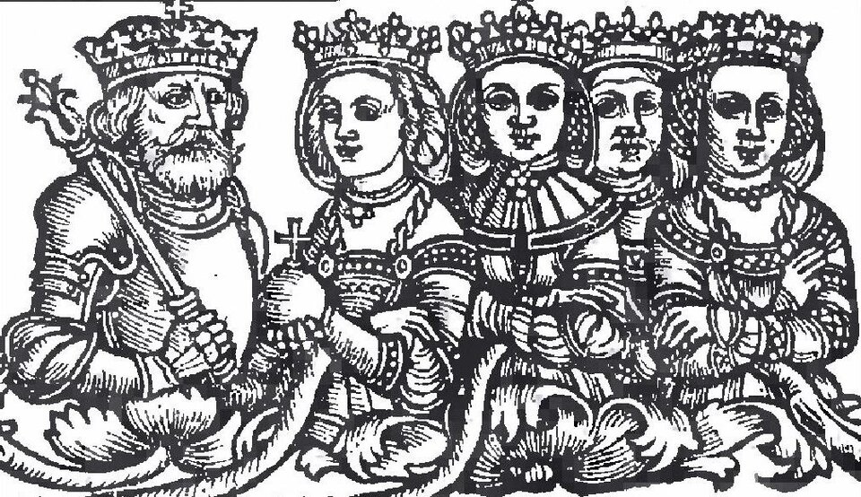 Rysunek przedstawia dojrzałego mężczyznę w koronie i ze zbroją rycerską. Postać ma półdługie włosy. Jego oczy są otoczone siatką zmarszczek. Ma prosty nos, sumiaste wąsy i gęstą brodę. Obok umieszczone są popiersia czterech kobiet w koronach na głowach. Pierwsza z nich, najmłodsza trzyma w lewej dłoni ozdobne jabłko królewskie. Kobiety są kosztownie ubrane.