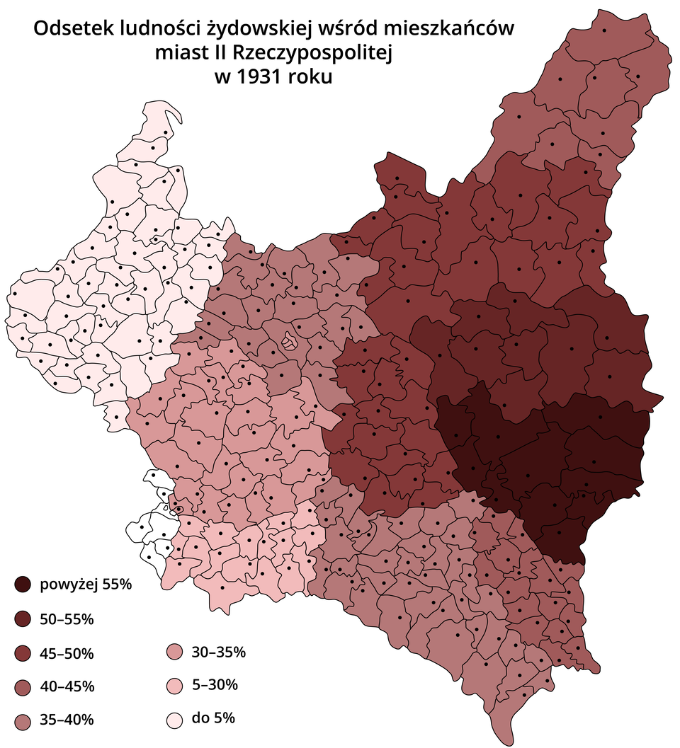 Ilustracja przedstawia mapę Rzeczypospolitej, gdzie oznaczono procent ludności żydowskiej. Największa ilość jest wskazana w centralnej i wschodniej części kraju to wartości powyżej 55% (na wschodzie) oraz 50‑55% i 45‑50%. W północno‑zachodniej części kraju wartość ta wynosi do 5%. Od centralnej części na zachód wartość procentowa maleje - na północy wynosi 35‑40%, na zachodzie 30‑35%.    