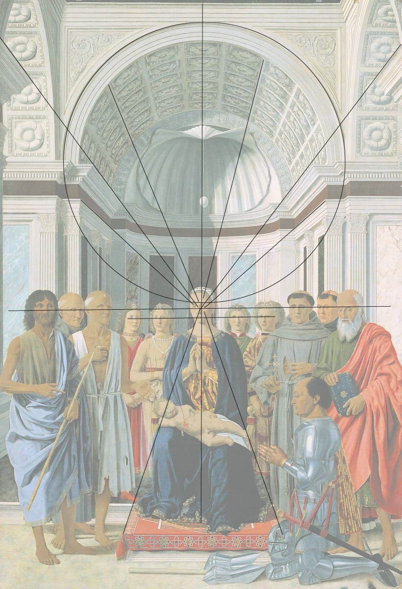 Na obraz madonna wśród świętych została nałożona siatka linii prezentująca schemat perspektywy. Oznaczono jedną równoległą linię pionową na wysokości oczu kobiet i mężczyzn.
Linie zbiegu, biegną od łuku do głowy Madonny i od podłogi do jej głowy.