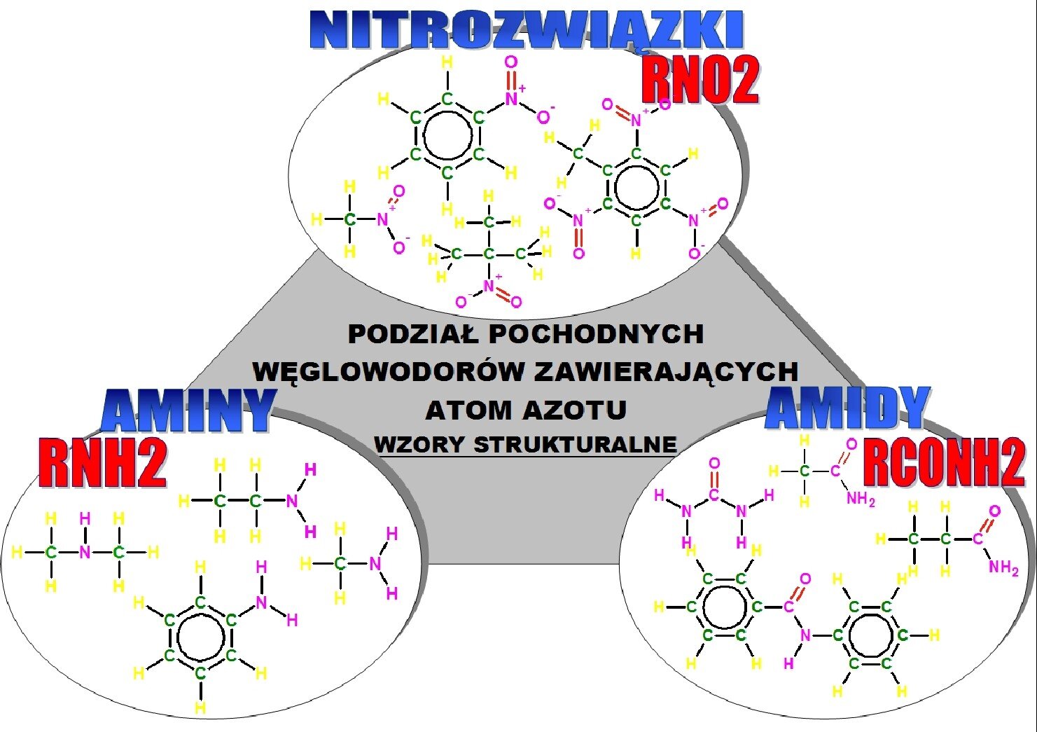 Podział jednofunkcyjnych pochodnych węglowodorów na aminy, amidy i