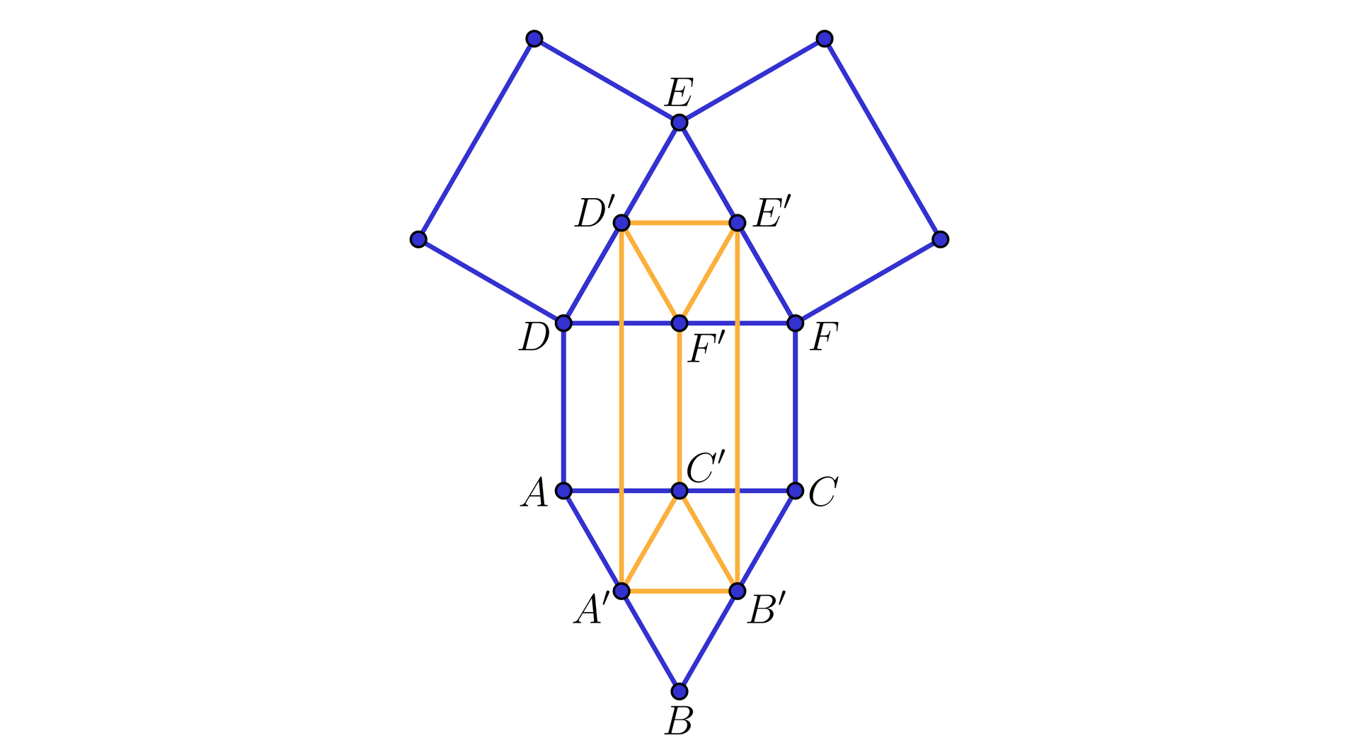 Na ilustracji przedstawiono siatkę graniastosłupa prawidłowego trójkątnego, która wygląda następująco. Do każdego krótszego boku trójkąta równobocznego DEF, doklejono prostokąty przystające. Do jednego z prostokątów, do jego krótszego boku doklejono kolejny trójkąt równoboczny ABC. Punkt D prim stanowi środek boku DE, punkt E prim stanowi środek boku EF, punkt F prim środek boku DF, punkt A prim środek boku AB, punkt B prim środek boku BC oraz punkt C prim środek boku AC. Połączono środki boków w trójkącie DEF i powstał mniejszy trójkąt D'E'F' oraz w trójkącie ABC powstał mniejszy trójkąt A'B'C'. Połączono także wierzchołki F prim i C prim. Po połączeniu wierzchołków A prim, B prim, D prim, E prim powstał prostokąt.