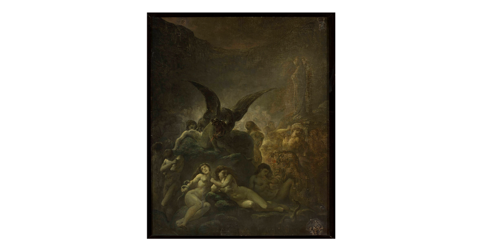 Obraz przedstawia grupę nagich ludzi znajdujących się pod ziemią w ponurej pieczarze, do której nie dochodzą żadne promienie słońca. Na pierwszym planie widać dwie nagie kobiety z rozpuszczonymi włosami,  po ramieniu jednej z nich pełza wąż. Nad nimi, na kamieniu leży naga postać, na której  siedzi skrzydlaty potwór z rozdziawioną paszczą i ostrymi zębami. Wokół stoją nadzy ludzie, niektórzy mają opuszczone głowy, inni przerażone twarze, wokół nich kłębią się węże.