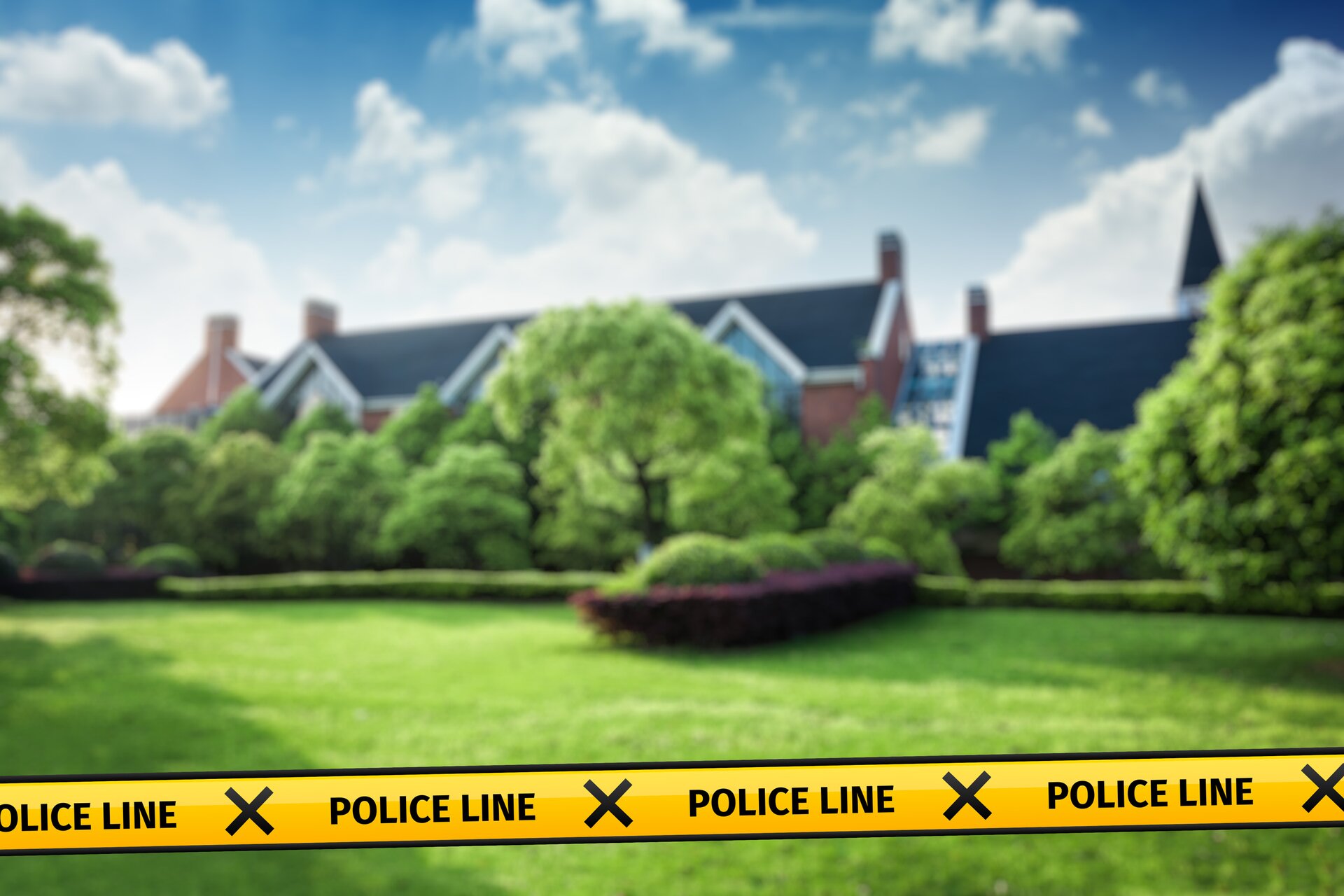 Zdjęcie przedstawia dom jednorodzinny otoczony zielenią. Wokół domu widoczna jest rozciągnięta żółta taśma z napisem w języku angielskim: POLICE LINE.
