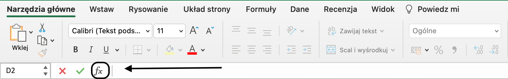 Ilustracja przedstawia fragment programu Microsoft Excel. Na pasku narzędzi podkreślona jest opcja: Narzędzia główne. Poniżej strzałką wskazano: fx.  