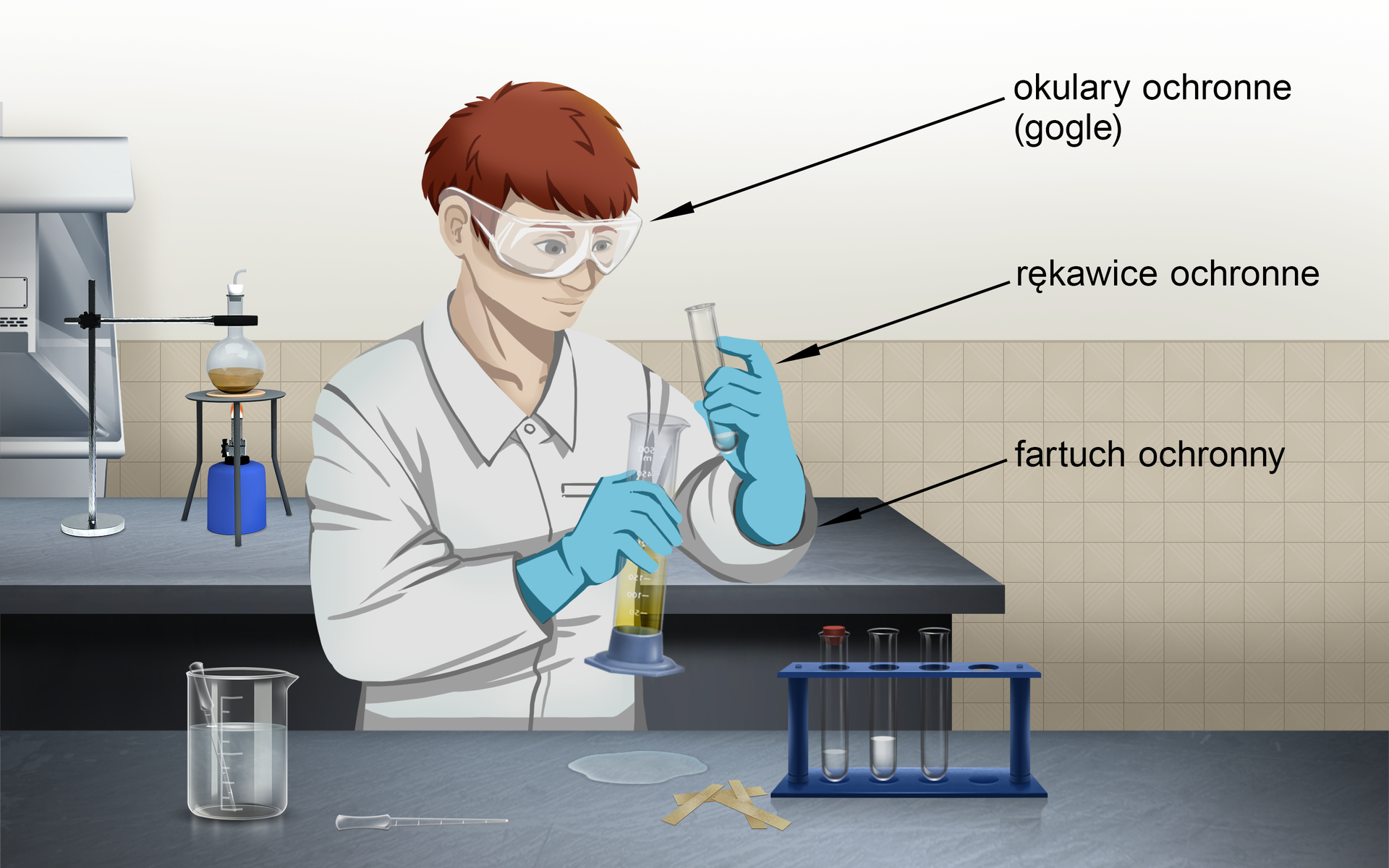 Ilustracja przedstawiająca chłopca w okularach ochronnych, goglach, rękawicach ochronnych oraz w fartuchu ochronnym przy stole laboratoryjnym, na którym stoi zlewka i statyw z probówkami. Chłopiec trzyma w rękach probówkę oraz cylinder miarowy. W tle drugi stół oraz aparatura laboratoryjna.