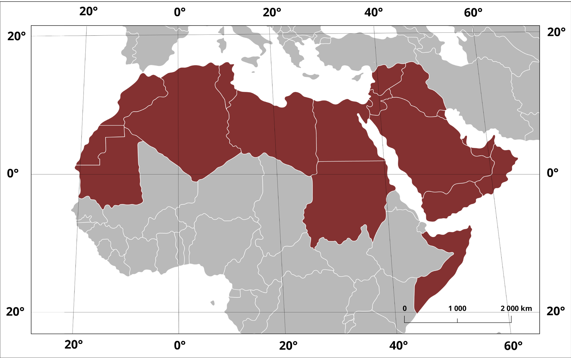 Mapa polityczna północnej części Afryki oraz krajów Bliskiego Wschodu. Kraje wyróżnione kolorem ciemnoczerwonym: Mauretania, Sahara Zachodnia, Maroko, Algieria, Tunezja, Libia, Egipt, Sudan, Somalia, Arabia Saudyjska, Jemen, Oman, Zjednoczone Emiraty Arabskie, Katar, Bahrajn, Kuwejt, Irak, Syria, Liban, Jordania, Izrael.