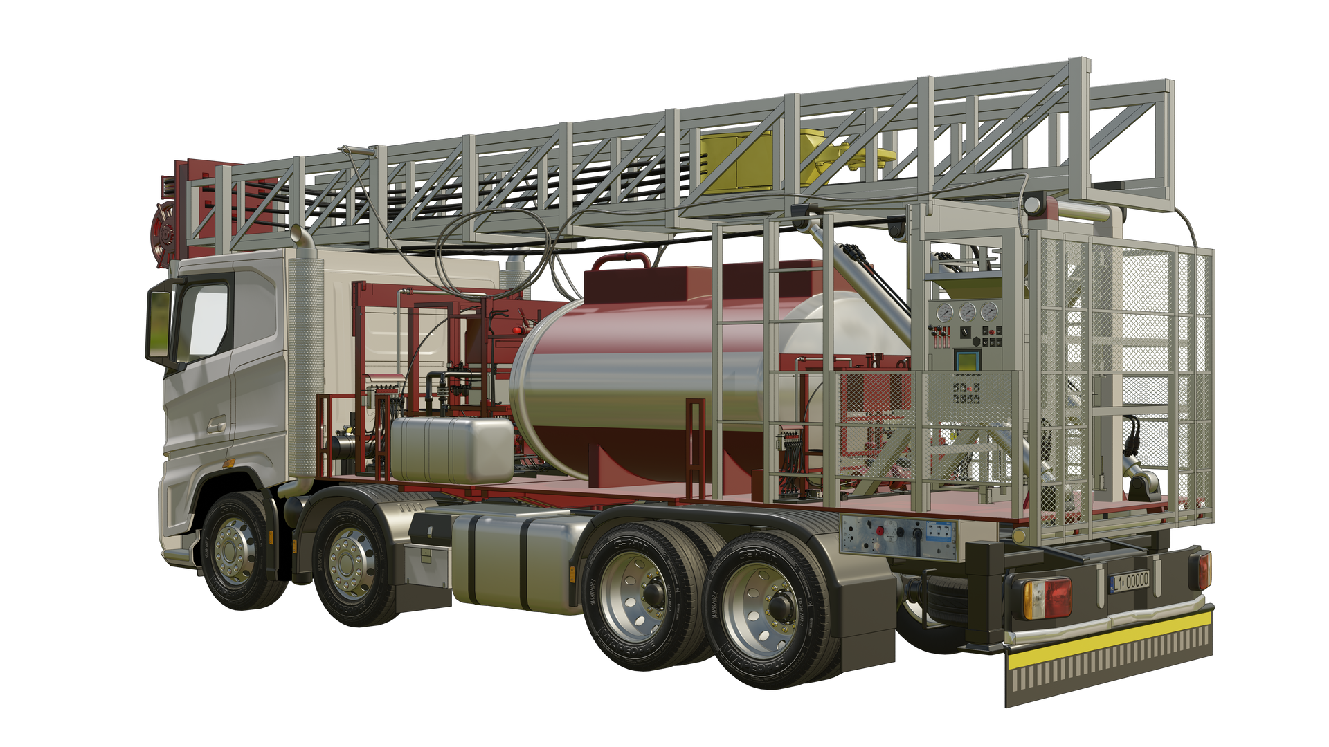 Na zdjęciu przedstawione jest urządzenie obróbcze typu Flushby. Urządzenie znajduje się na podwoziu samochodowym. Pojazd widoczny na zdjęciu przedstawiony jest pod kątem od tyłu.  Elementem widocznym z tyłu ciężarówki jest szara lina łącząca drabinę z tyłem pojazdu. Znajduje się ona za zbiornikiem. Nad zbiornikiem jest ona zaokrąglona. Dodatkowo za zbiornikiem znajduje się szara konstrukcja będąca podstawą drabiny. Składa się ona z drabinek, podnośnika drabiny oraz szarej skrzynki. Na skrzynce znajdują się trzy tarcze manometru oraz wiele przycisków i pokręteł. Na samym końcu znajduje się szara siatka zakrywająca tył pojazdu. Z tyłu pojazdu znajduje się zderzak. Między ostatnim kołem, a zderzakiem znajduje się panel z przyciskami. Z przodu pojazdu za kabiną kierowcy widoczny jest czerwono‑szara zbiornik. Zbiornik jest w kształcie cylindra o orientacji poziomej. W górnej części zbiornika znajdują się dwa prostokątne wypustki. Między zbiornikiem a kabiną kierowcy znajdują się rury oraz zawory.