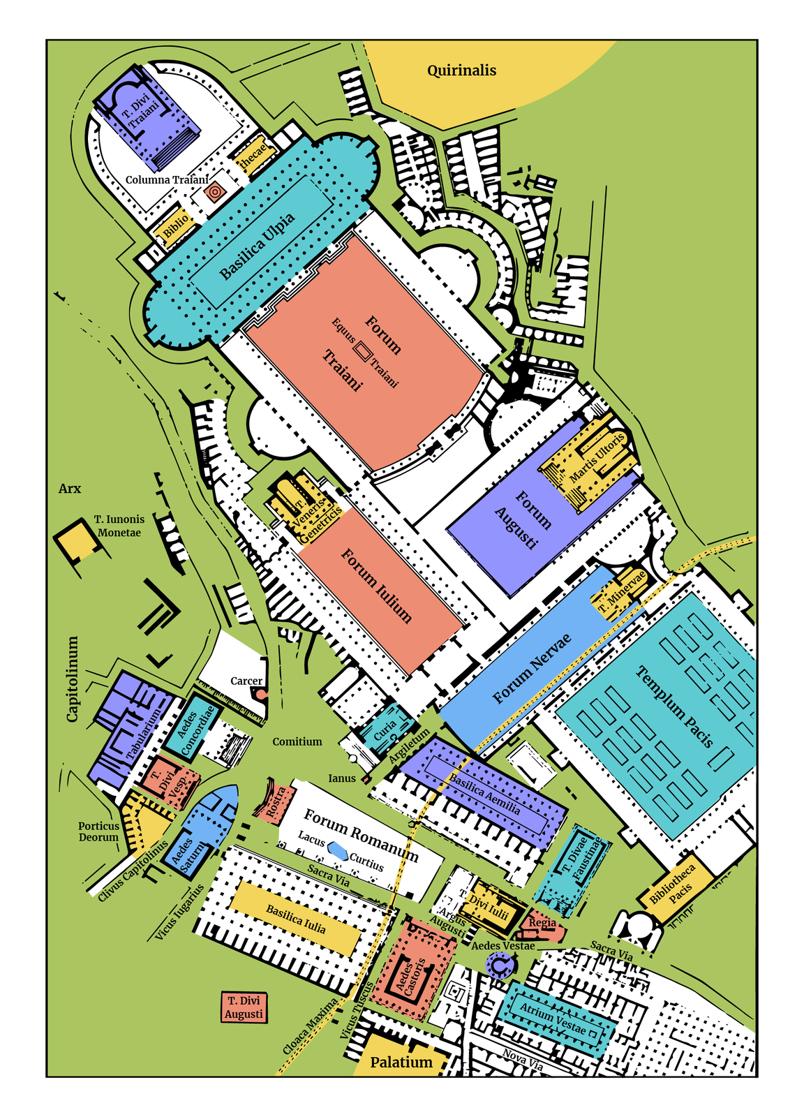 Ilustracja przedstawia kolorowy plan, który zawiera rozkład zabudowań w starożytnym Rzymie. Za pomocą różnych kolorów oznaczono charakterystyczne budowle – np. kolorem różowym oznaczono (Forum Trajana, a kolorem białym –( Forum Romanum. Pomiędzy poszczególnymi budynkami umieszczono także ulice oraz akwedukty.