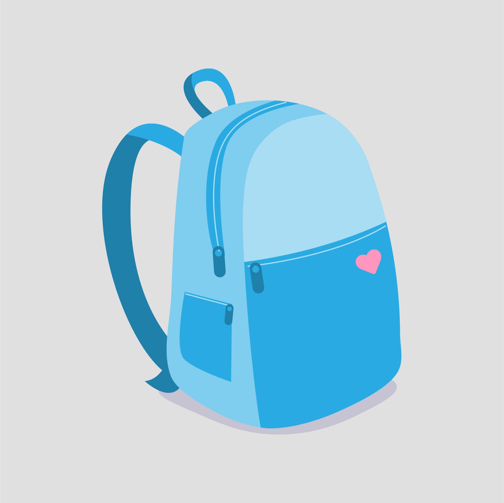 Ilustracja przedstawia niebiesko‑błękitny plecak z różowym serduszkiem.
