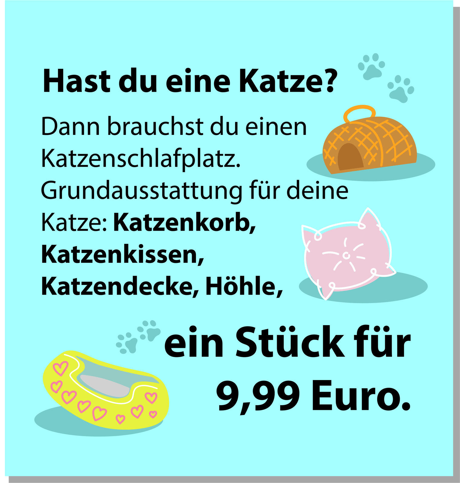 Ilustracja przedstawia ulotkę reklamową. Widoczne są rysunki przedstawiające transporter, legowisko i poduszkę. Transkrypcja reklamy dostępna jest poniżej.