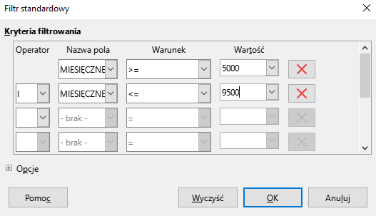 Ilustracja przedstawia okno dotyczące Filtr standardowy. W Kryteriach filtrowania są opcje: Operator, Nazwa pola, Warunek, Wartość. W polu Operator jest litera I, w Nazwie pola w pierwszym polu jest nazwa Miesięcznie, w polu Warunek jest znak >=, pod Wartością w polu jest liczba 5000. W kolejnym polu Nazwa pola jest napis Miesięcznie, obok w Warunku jest znak <=, obok jest Wartość 9500. Zastosowano przycisk OK.  